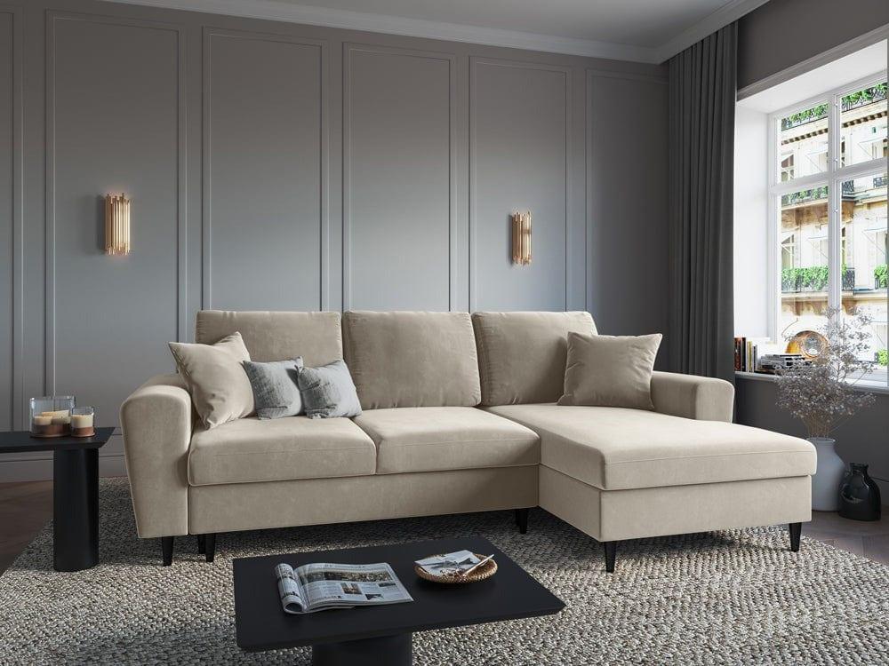 Narożnik prawostronny aksamitny z funkcją spania KYOTO beżowy z czarną podstawą Cosmopolitan Design Eye on Design