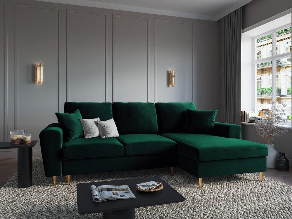 Narożnik prawostronny aksamitny z funkcją spania KYOTO butelkowa zieleń ze złotą podstawą Cosmopolitan Design Eye on Design