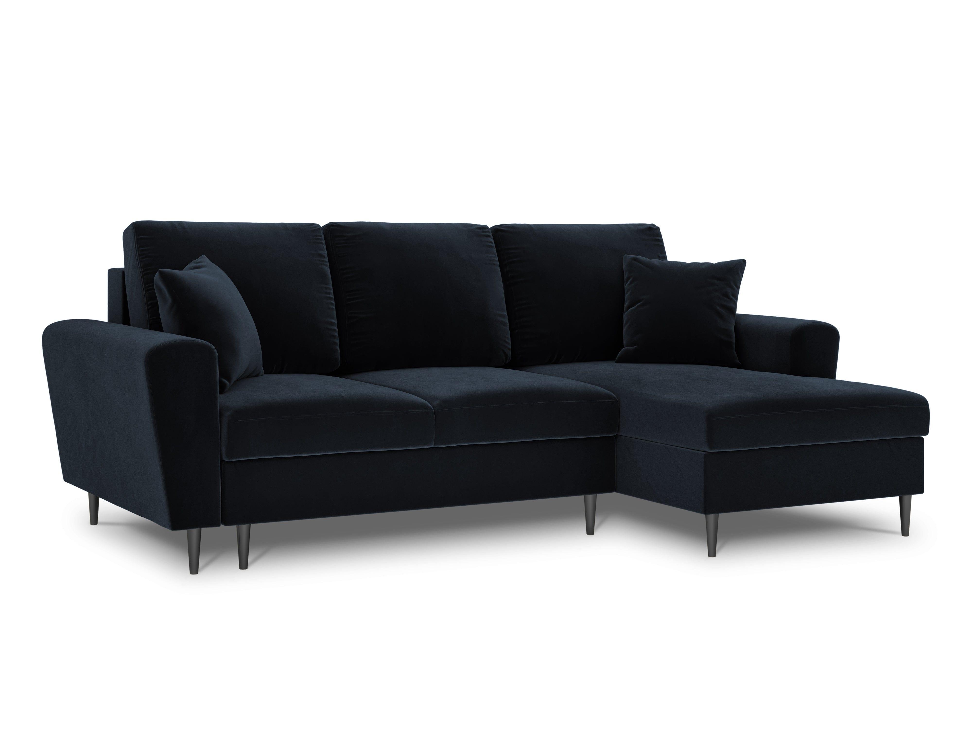 Narożnik prawostronny aksamitny z funkcją spania KYOTO ciemnoniebieski z czarną podstawą Cosmopolitan Design Eye on Design