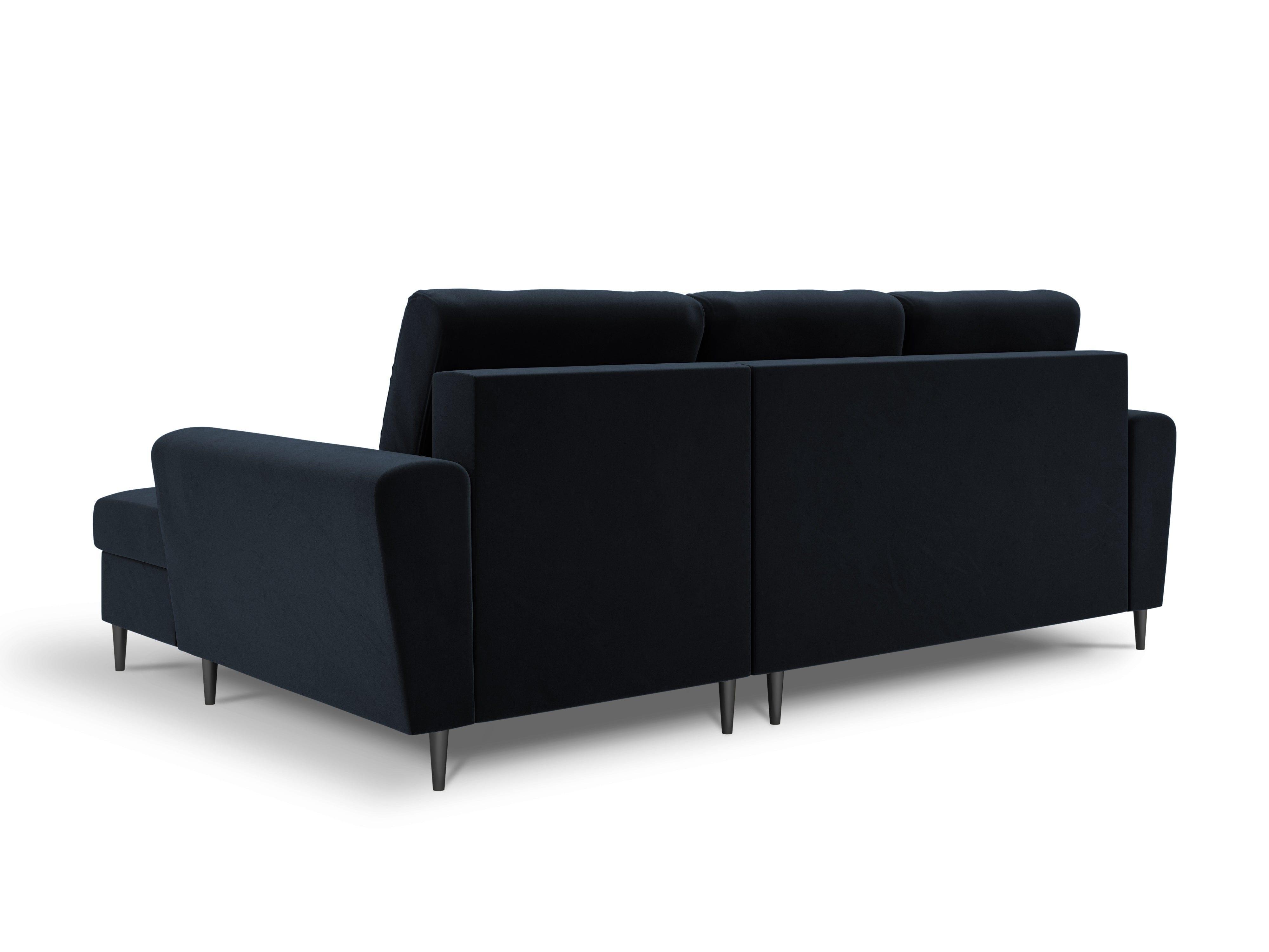 Narożnik prawostronny aksamitny z funkcją spania KYOTO ciemnoniebieski z czarną podstawą Cosmopolitan Design Eye on Design