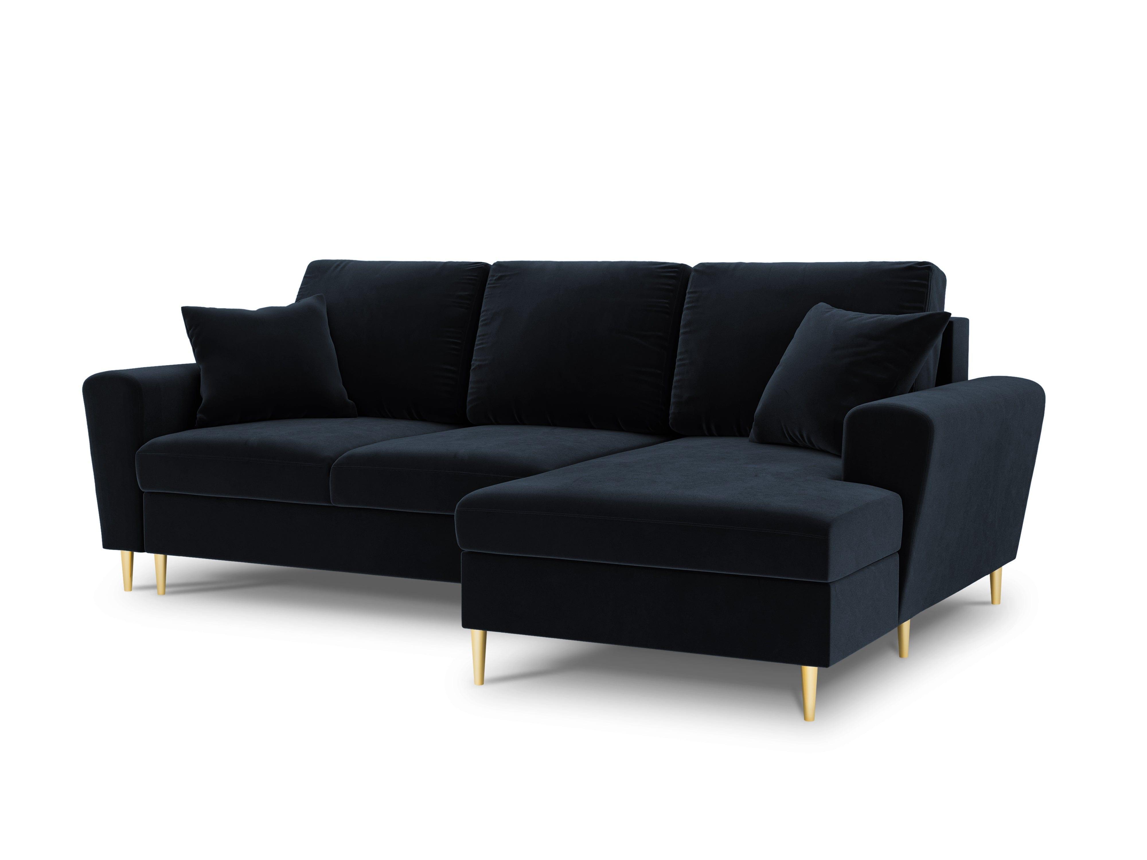 Narożnik prawostronny aksamitny z funkcją spania KYOTO ciemnoniebieski ze złotą podstawą Cosmopolitan Design Eye on Design