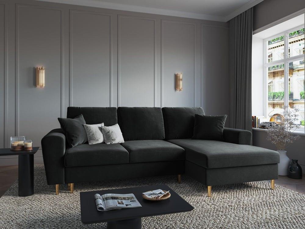 Narożnik prawostronny aksamitny z funkcją spania KYOTO ciemnoszary ze złotą podstawą Cosmopolitan Design Eye on Design