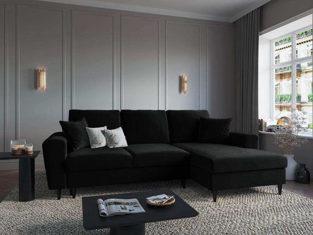 Narożnik prawostronny aksamitny z funkcją spania KYOTO czarny z czarną podstawą Cosmopolitan Design Eye on Design