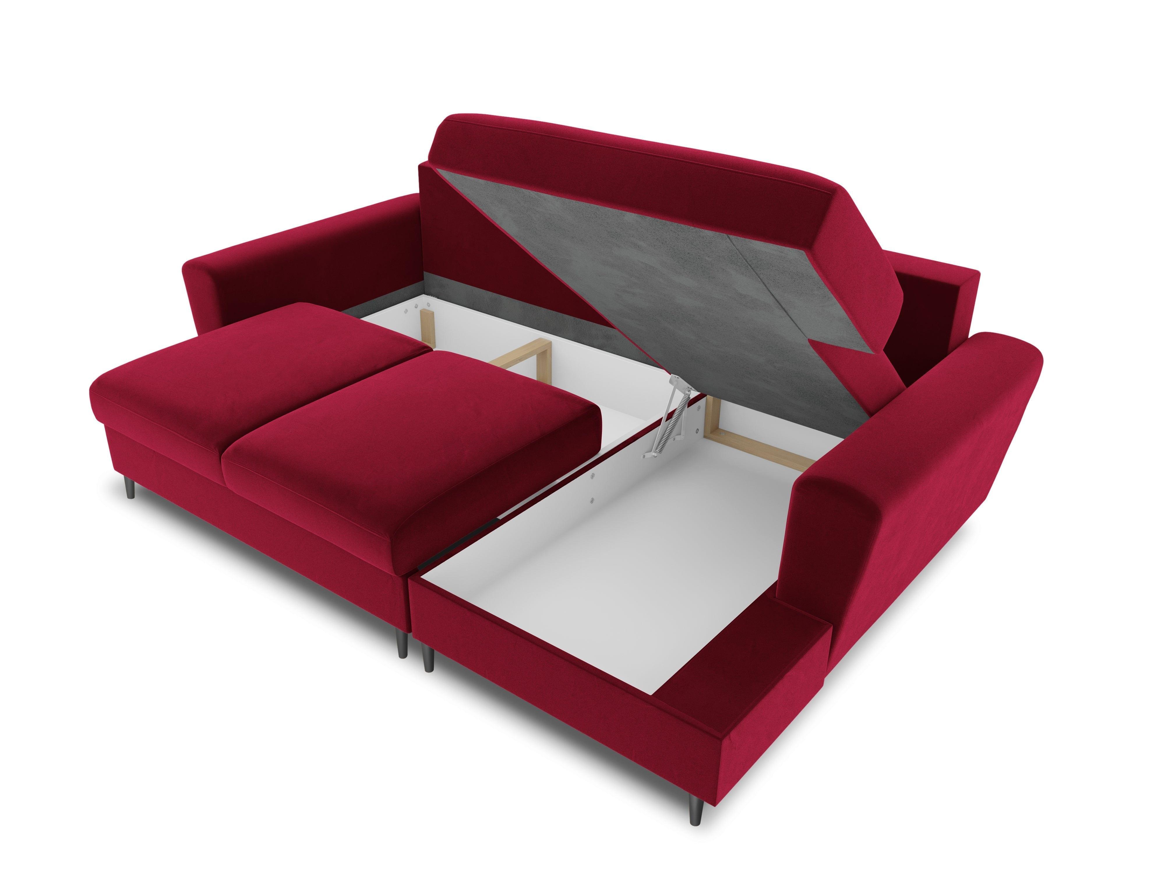 Narożnik prawostronny aksamitny z funkcją spania KYOTO czerwony z czarną podstawą Cosmopolitan Design Eye on Design