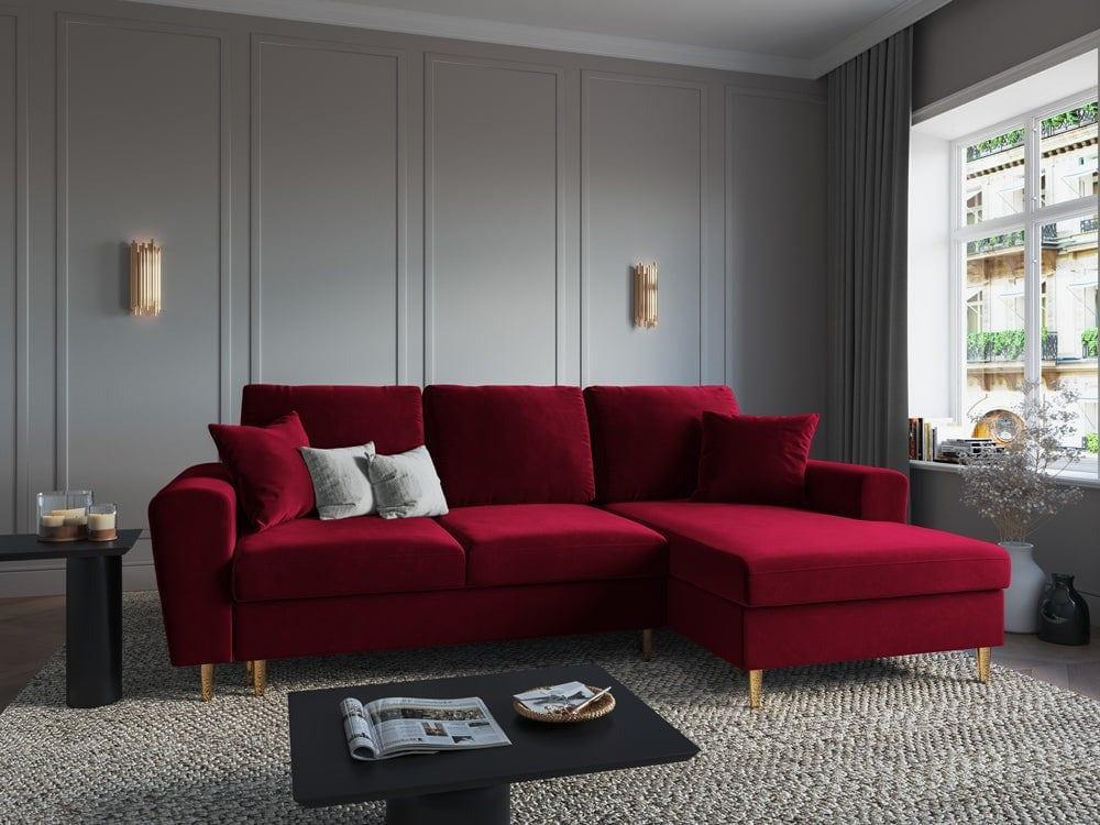Narożnik prawostronny aksamitny z funkcją spania KYOTO czerwony ze złotą podstawą Cosmopolitan Design Eye on Design