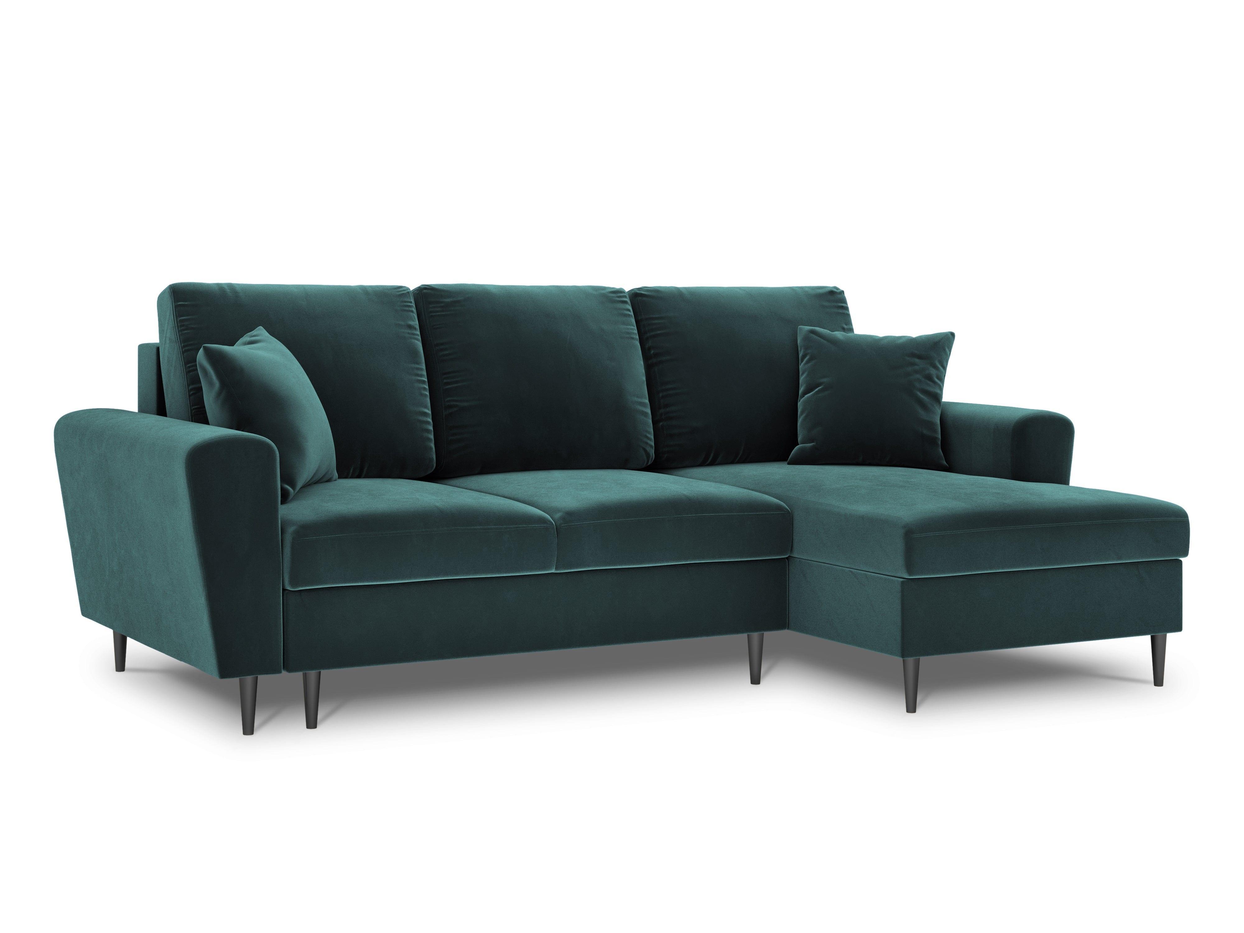 Narożnik prawostronny aksamitny z funkcją spania KYOTO petrol z czarną podstawą Cosmopolitan Design Eye on Design