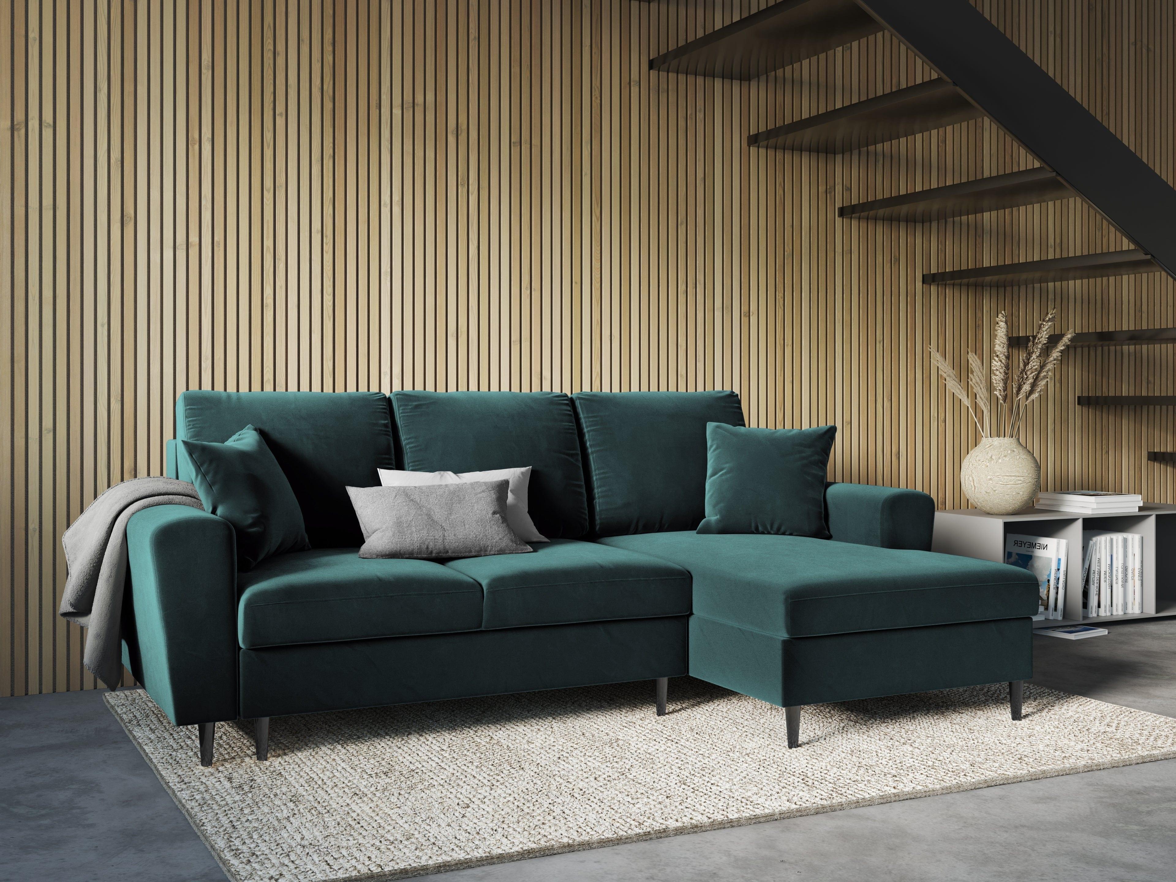 Narożnik prawostronny aksamitny z funkcją spania KYOTO petrol z czarną podstawą Cosmopolitan Design Eye on Design
