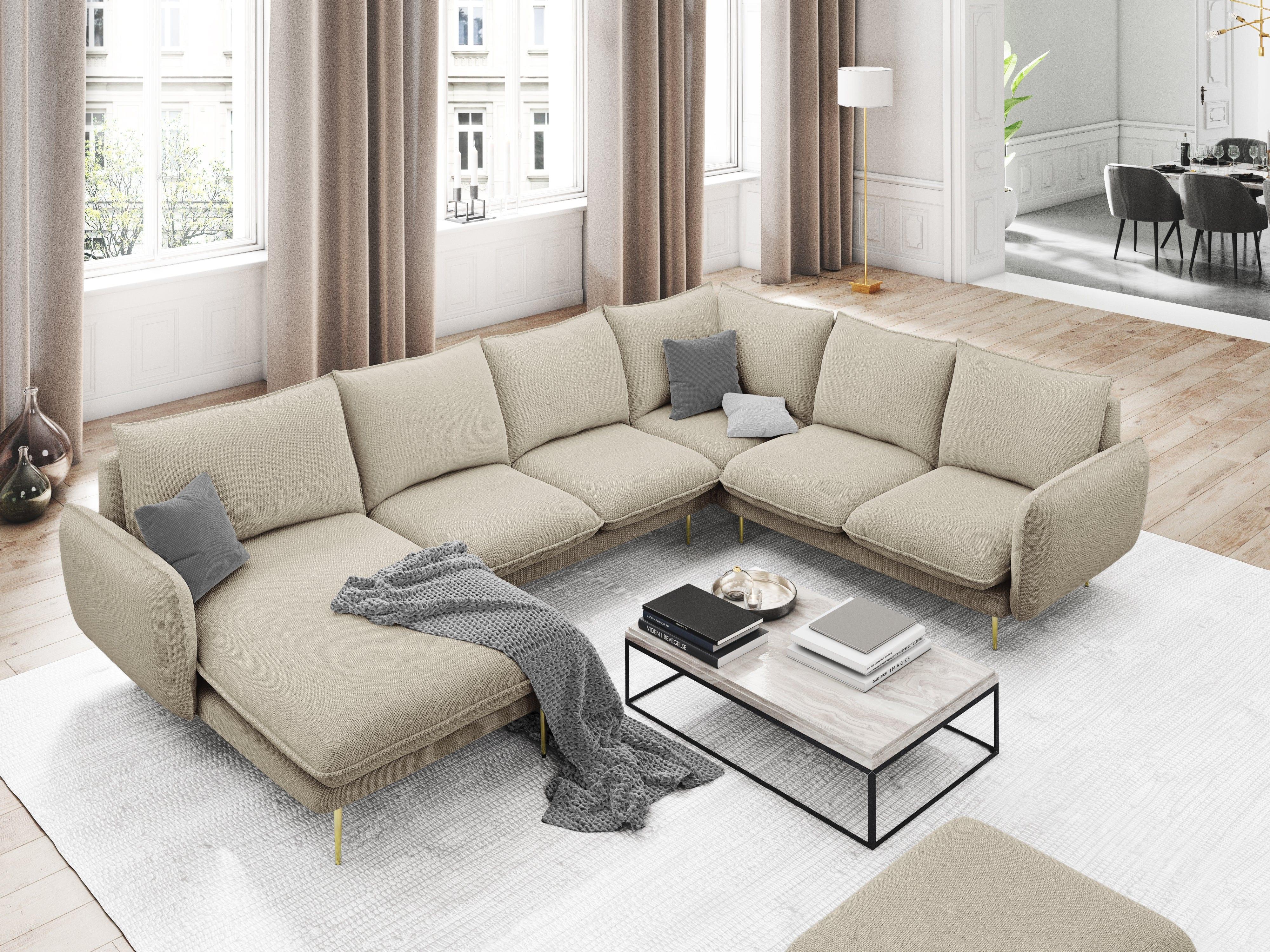 Narożnik prawostronny panoramiczny VIENNA beżowy ze złotą podstawą Cosmopolitan Design Eye on Design