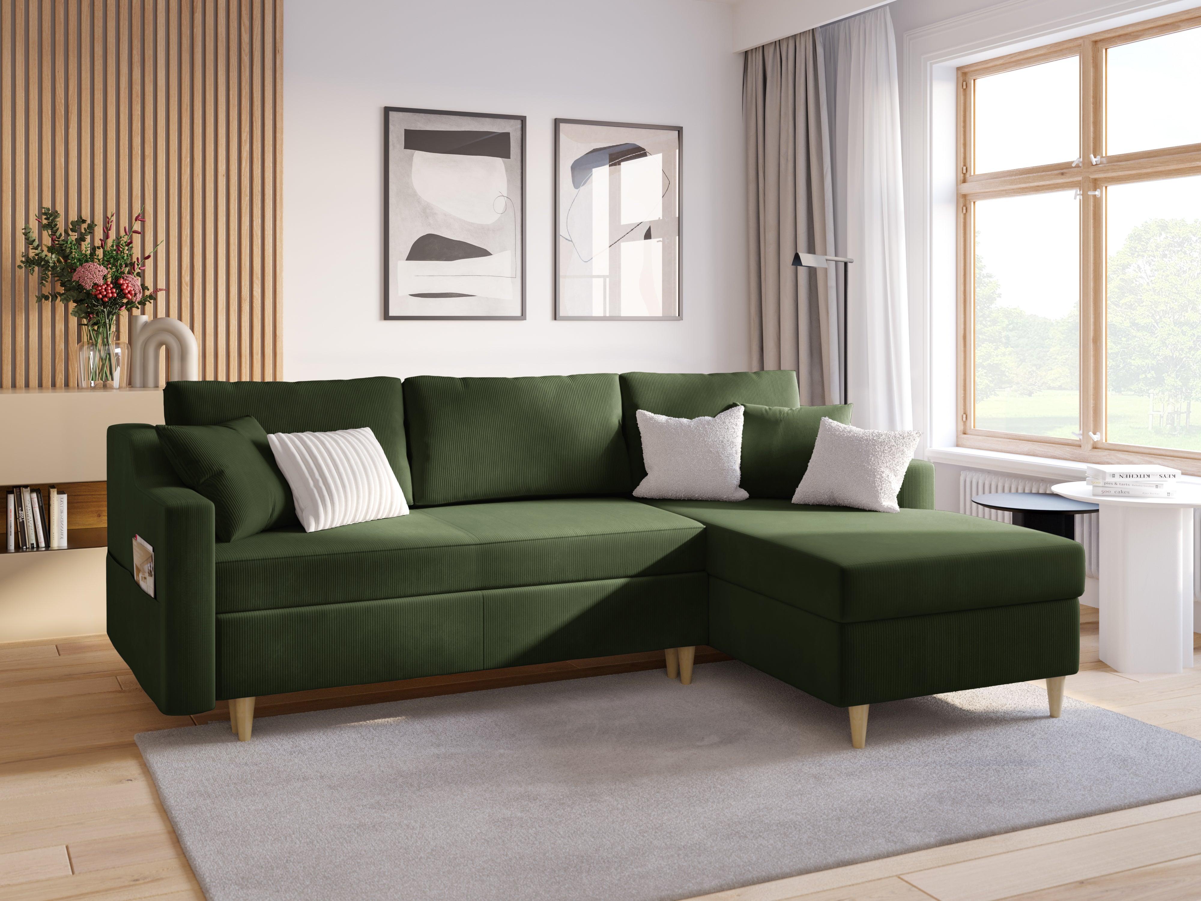 Narożnik prawostronny sztruksowy z funkcją spania ROSE butelkowa zieleń Mazzini Sofas Eye on Design