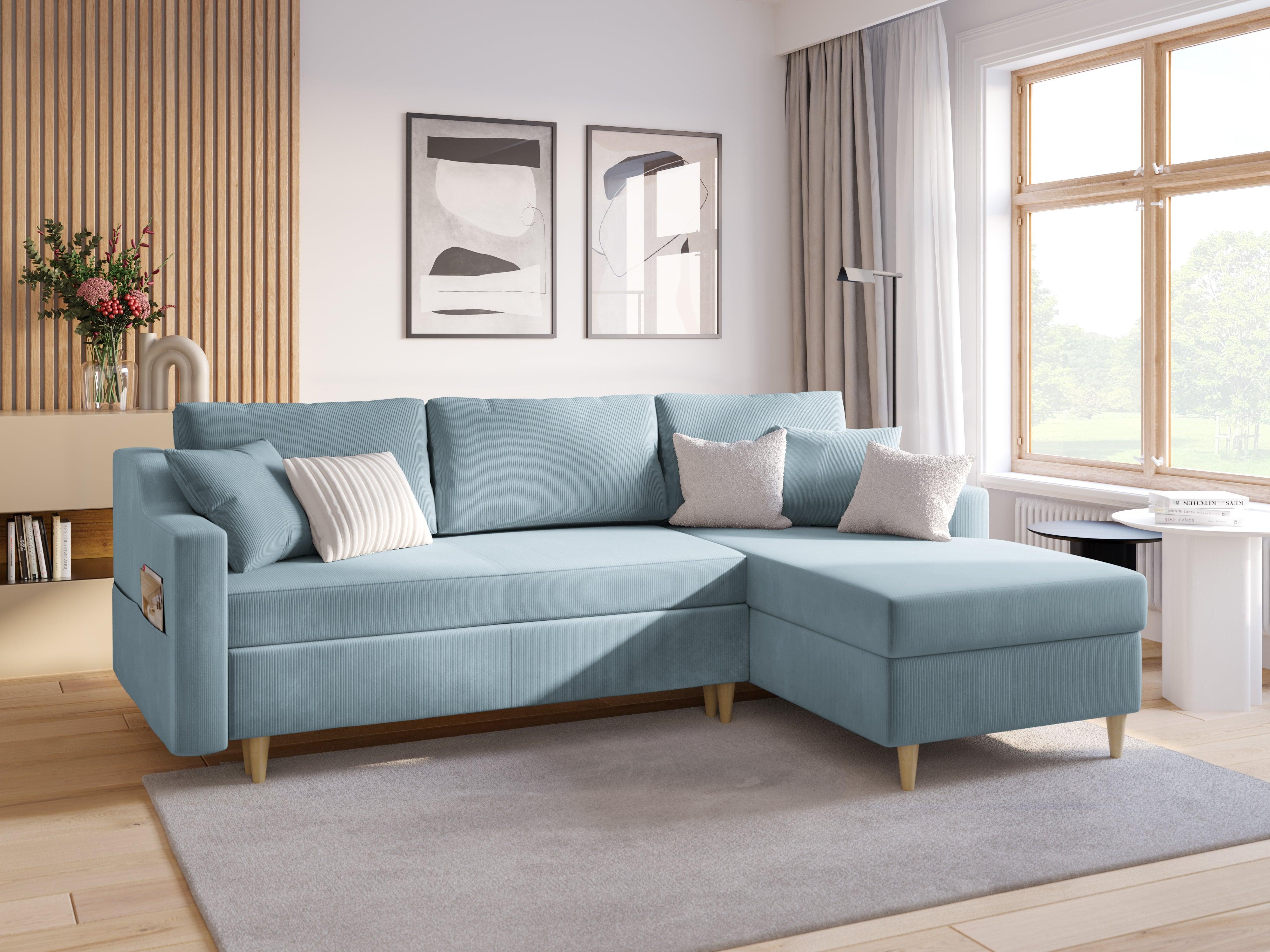 Narożnik prawostronny sztruksowy z funkcją spania ROSE jasnoniebieski Mazzini Sofas Eye on Design