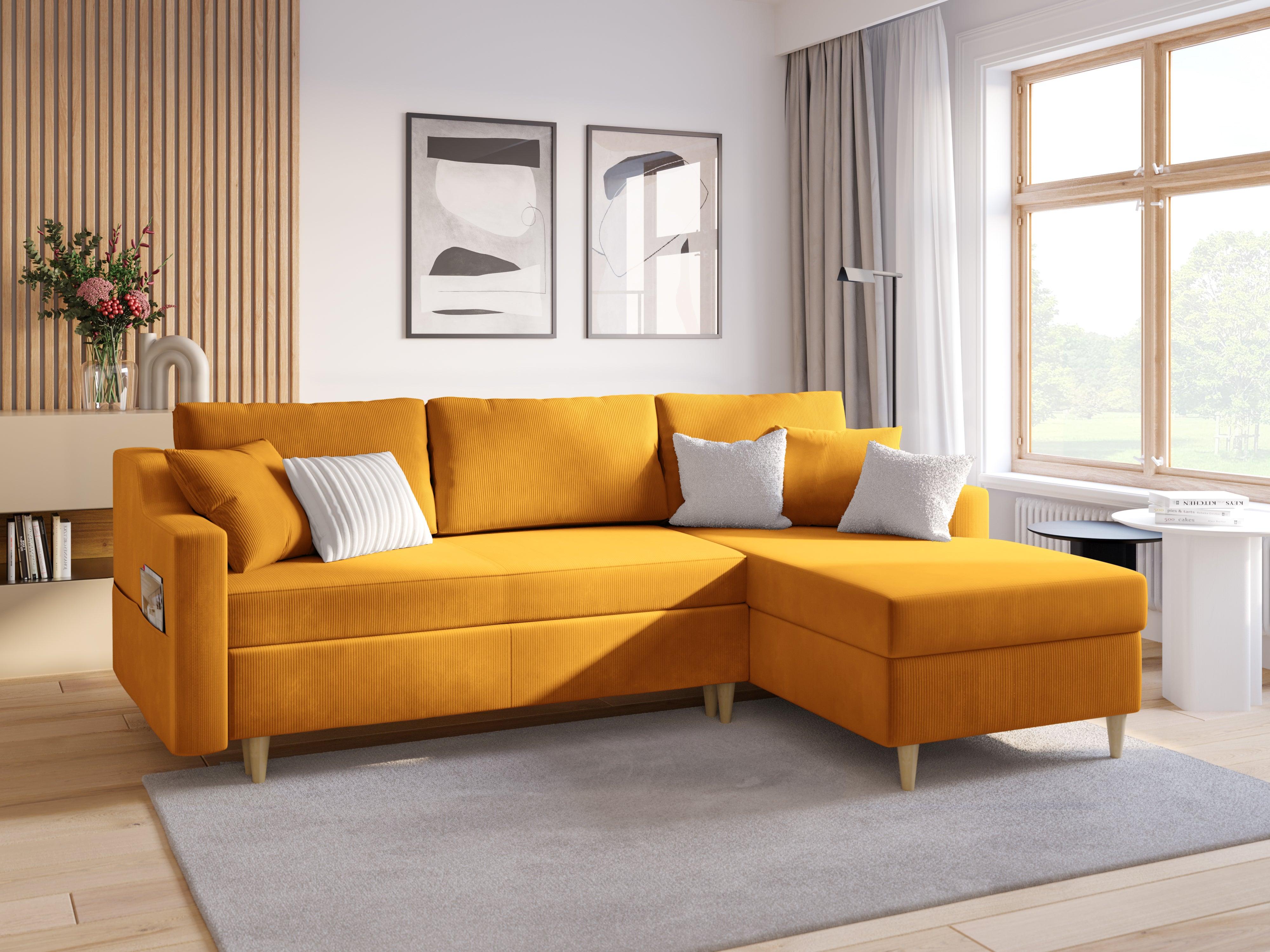 Narożnik prawostronny sztruksowy z funkcją spania ROSE żółty Mazzini Sofas Eye on Design