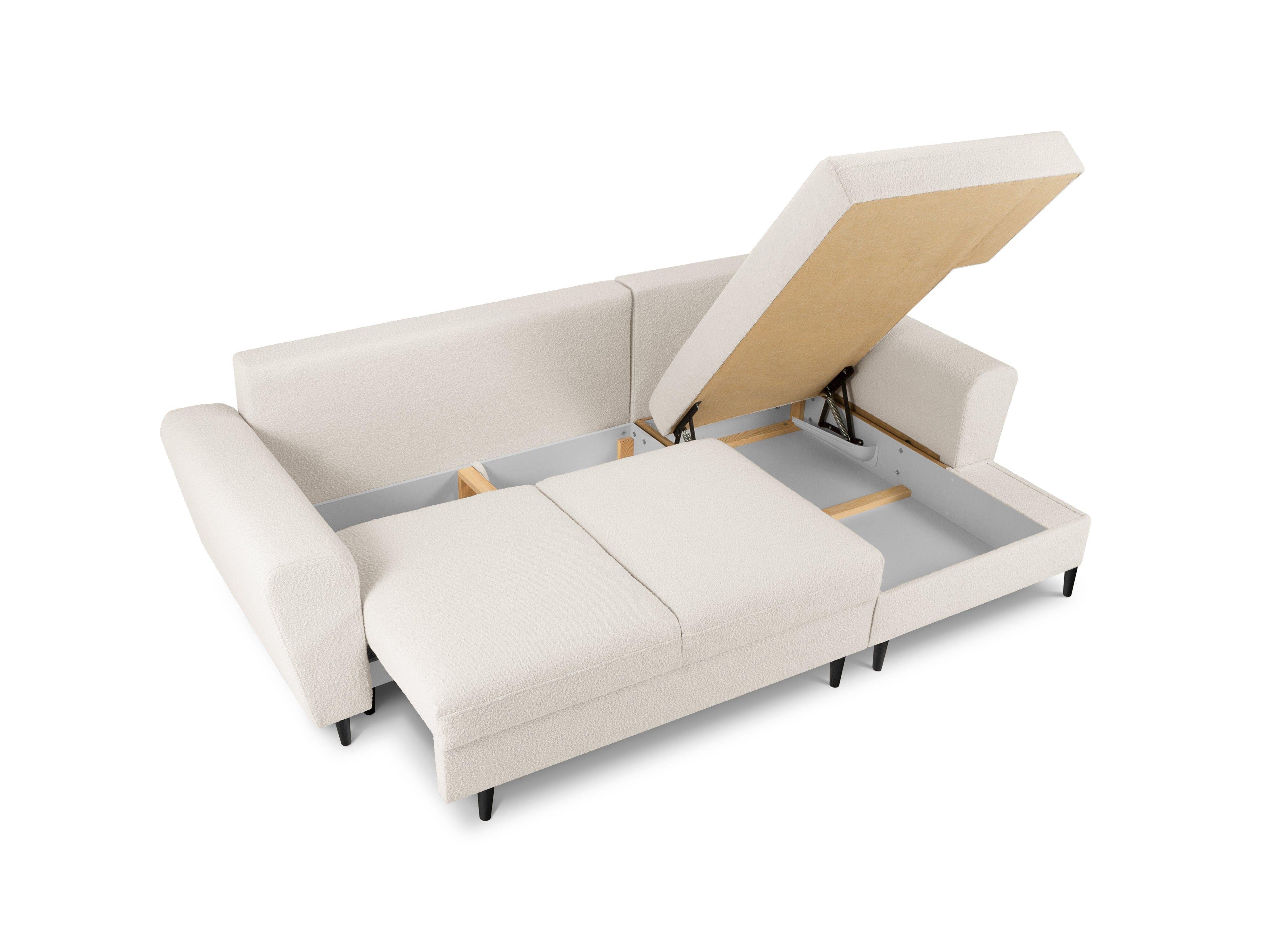 Narożnik prawostronny z funkcją spania KYOTO beżowy bouclé z czarną podstawą Cosmopolitan Design Eye on Design