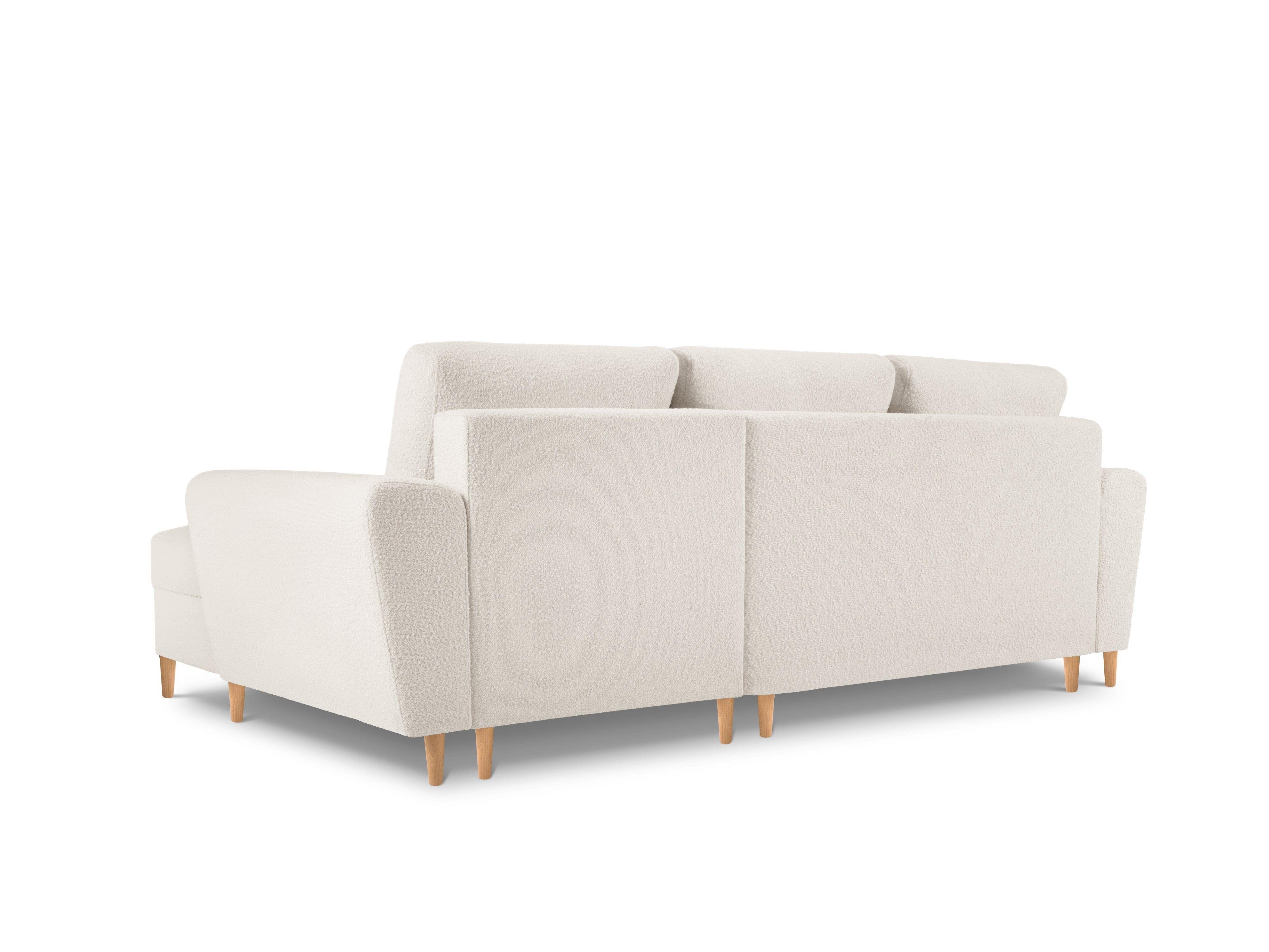 Narożnik prawostronny z funkcją spania KYOTO beżowy bouclé z drewnianą podstawą Cosmopolitan Design Eye on Design
