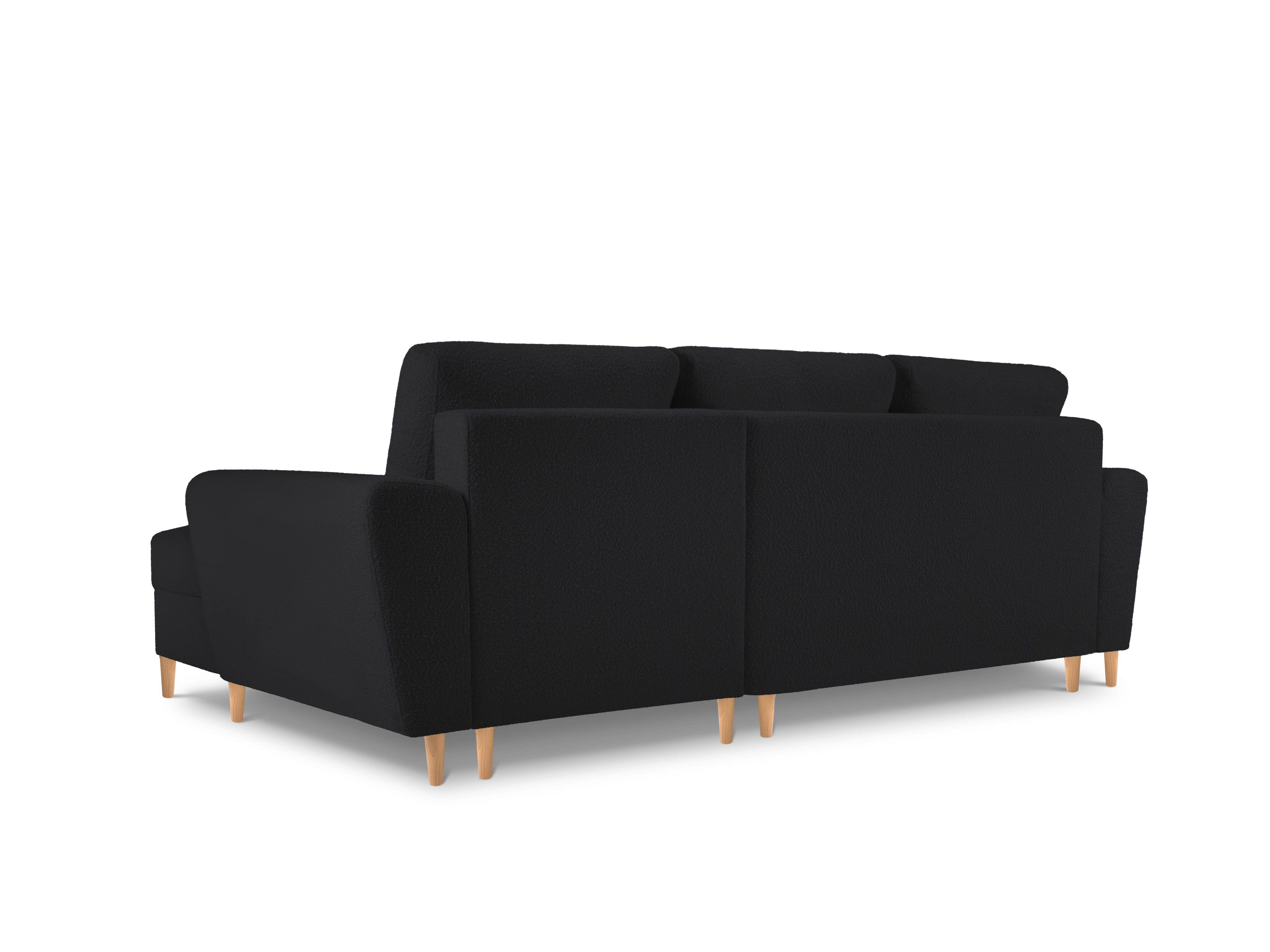 Narożnik prawostronny z funkcją spania KYOTO czarny bouclé z drewnianą podstawą Cosmopolitan Design Eye on Design