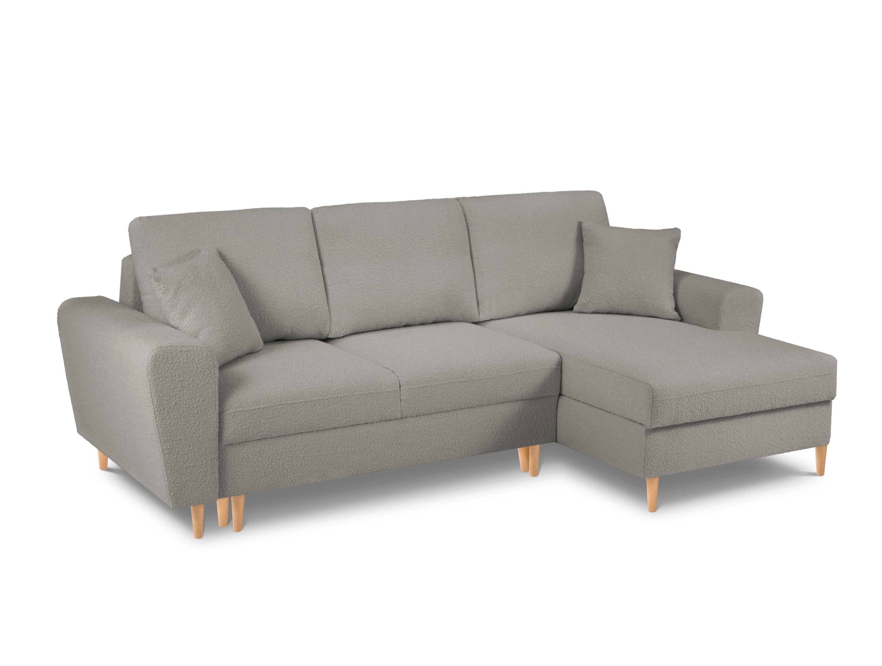 Narożnik prawostronny z funkcją spania KYOTO szary bouclé z drewnianą podstawą Cosmopolitan Design Eye on Design