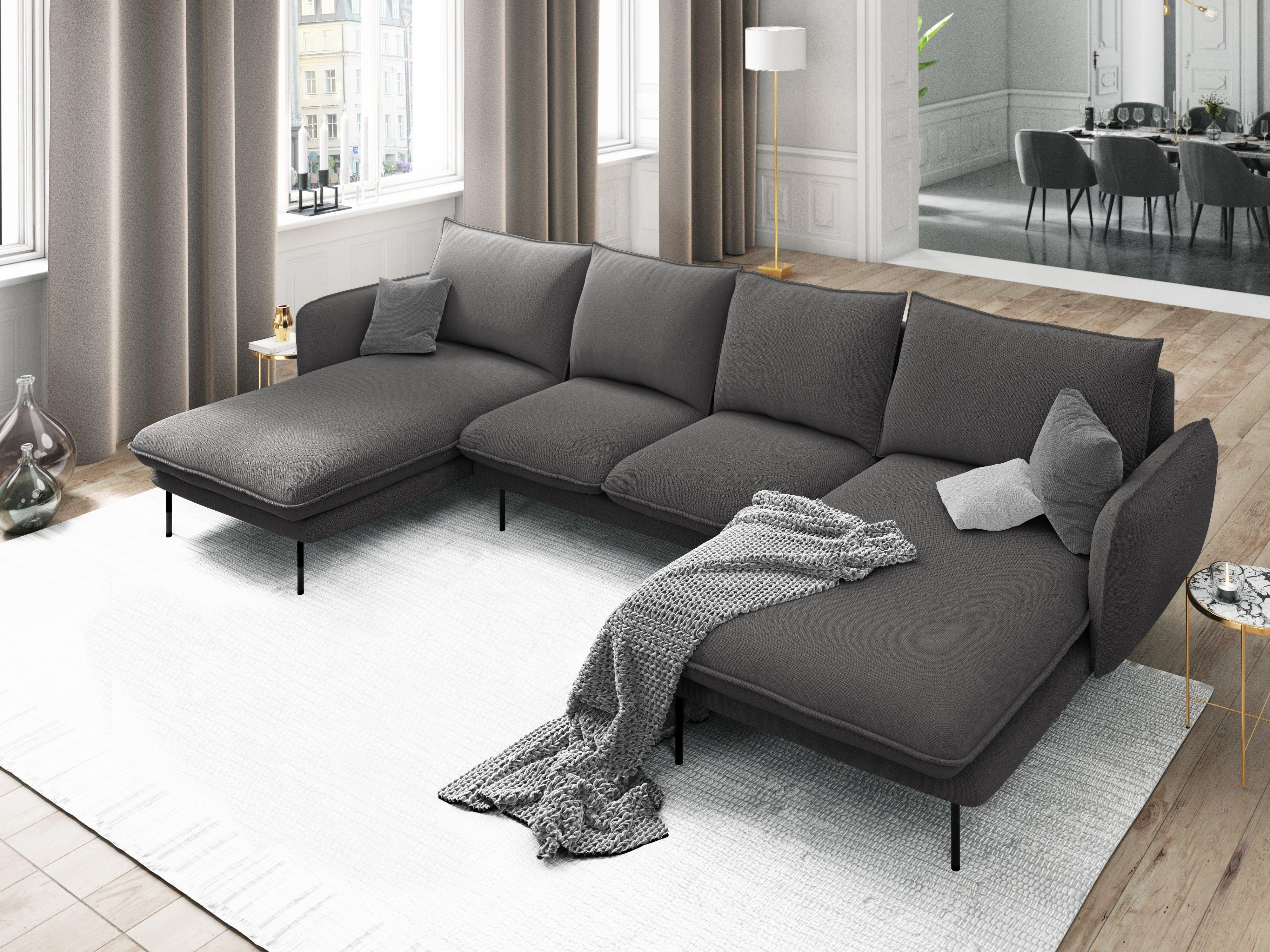 Sofa panoramiczna 6-osobowa VIENNA ciemnoszary szenil z czarną podstawą – Cosmopolitan Design