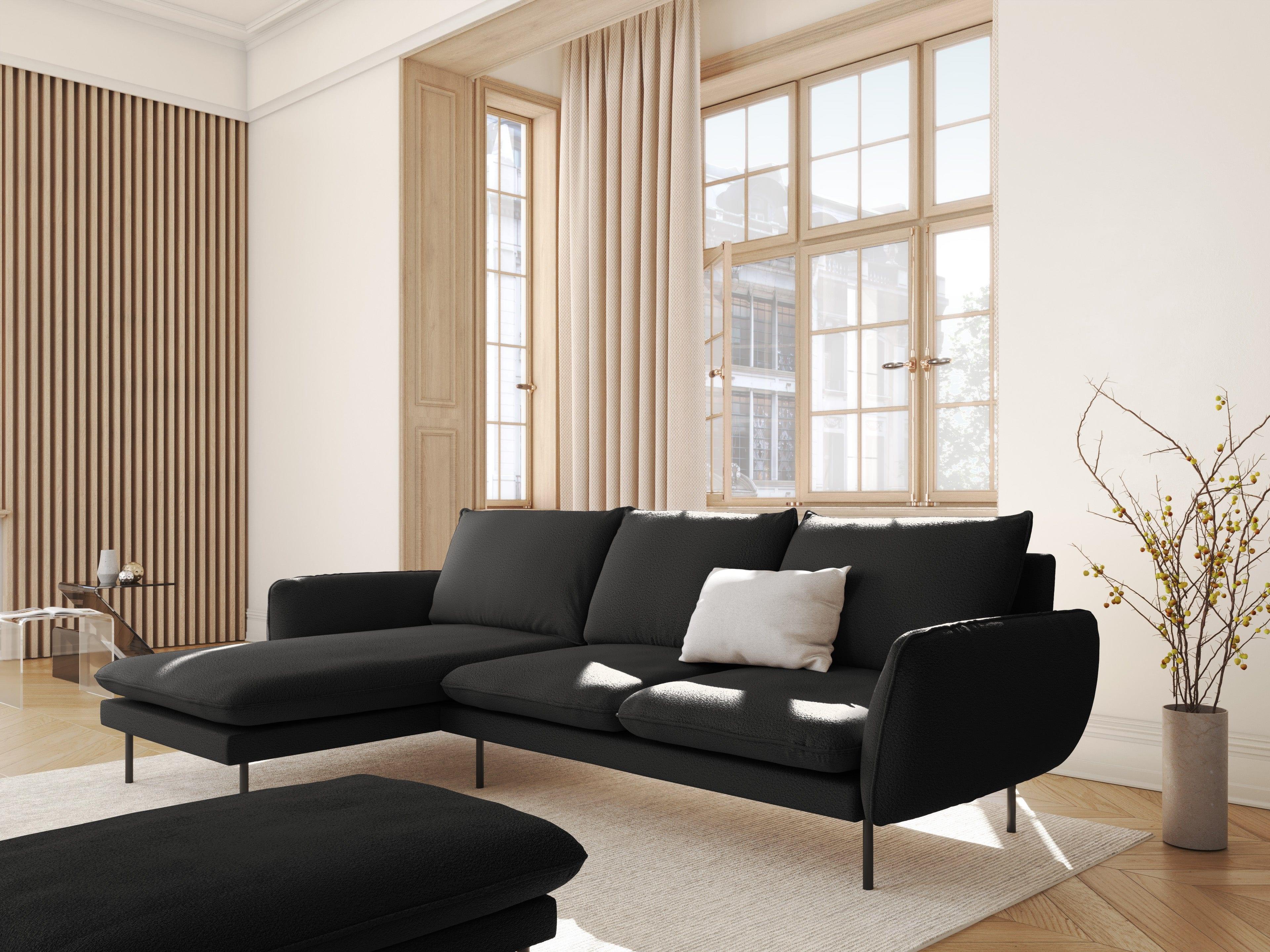 Narożnik lewostronny 5-osobowy VIENNA czarny boucle z czarną podstawą – Cosmopolitan Design