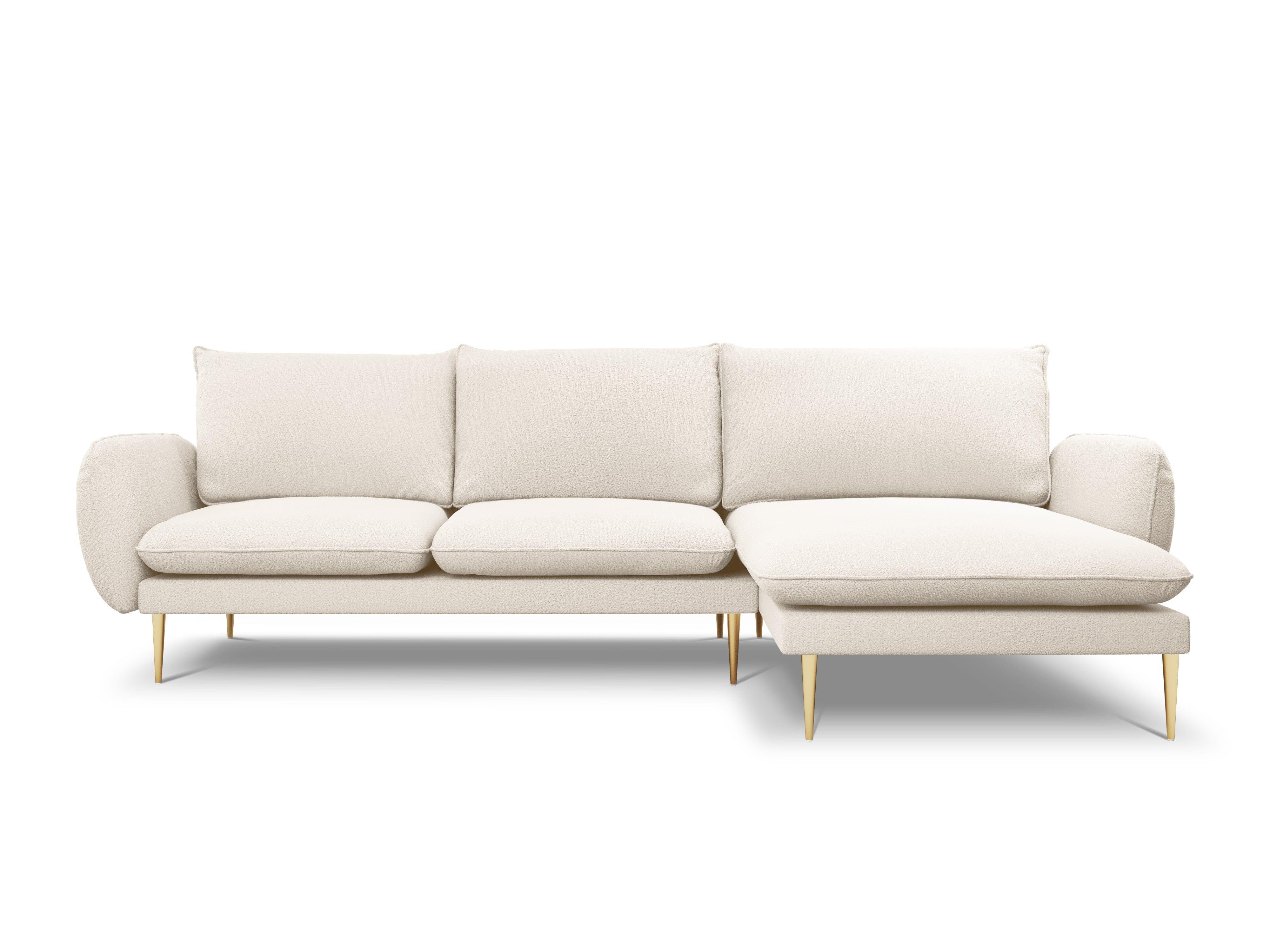 Narożnik w tkaninie boucle prawostronny VIENNA beżowy ze złotą podstawą Cosmopolitan Design Eye on Design