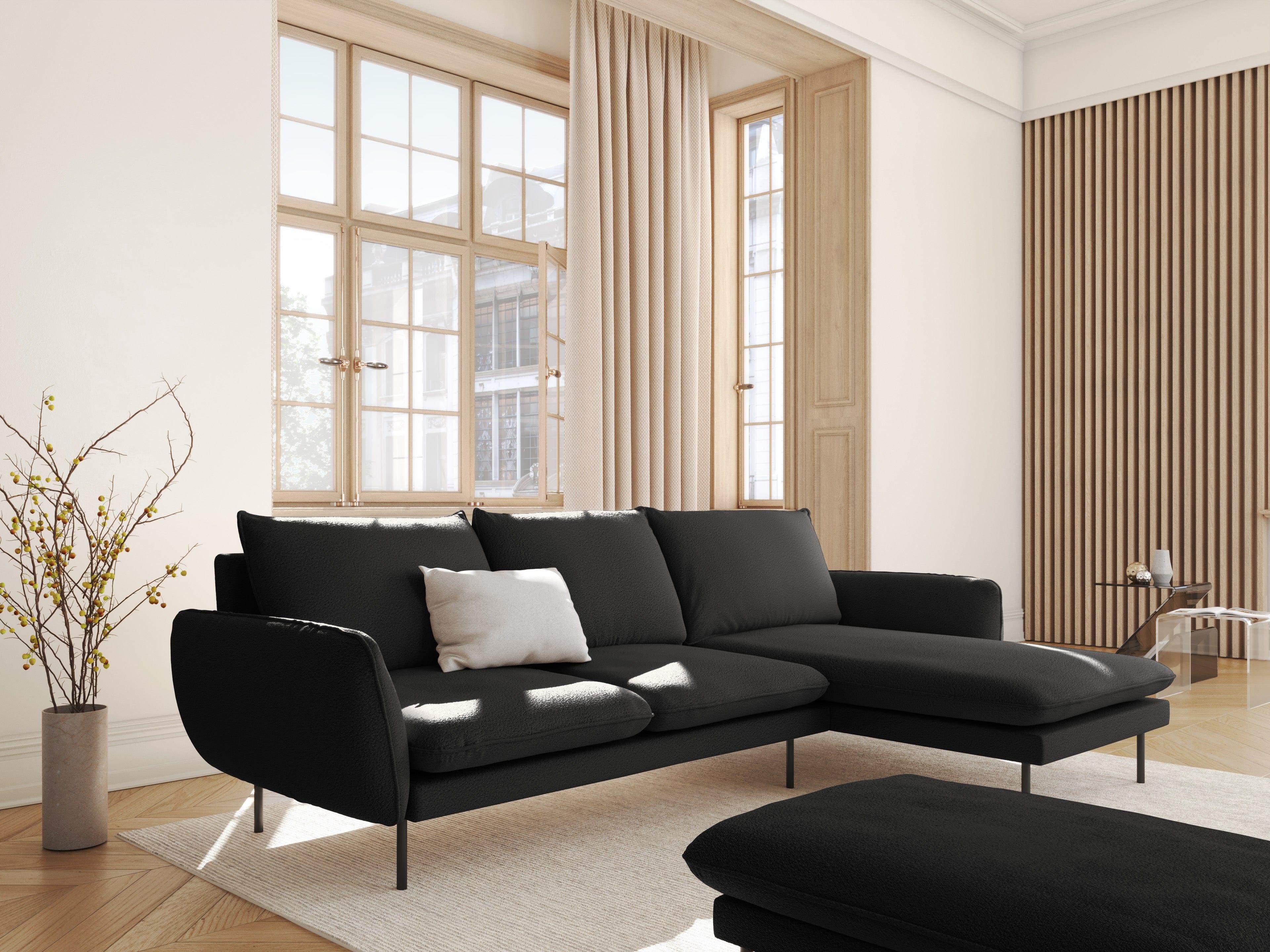 Narożnik prawostronny 5-osobowy VIENNA czarny boucle z czarną podstawą – Cosmopolitan Design