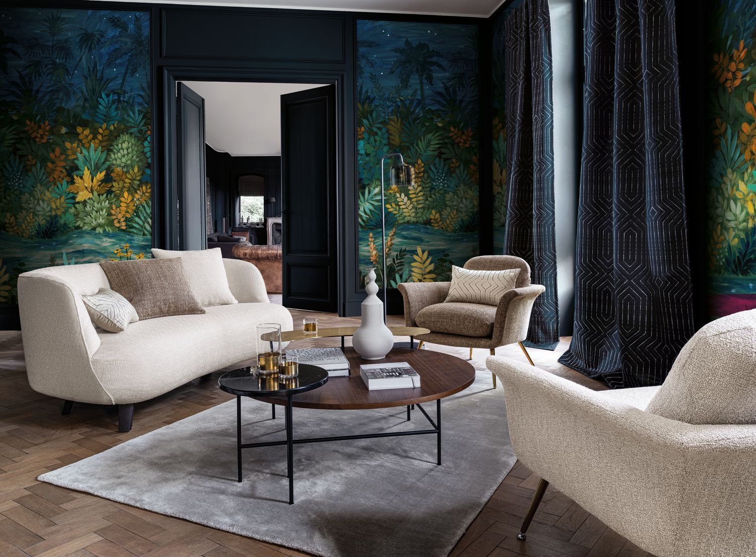 Tropical Plant-Themed Mural NUIT ÉTOILÉE Navy Blue with Green