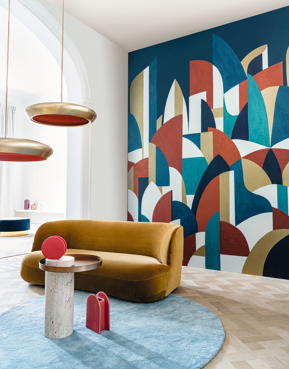 Mural with Abstract Pattern PABLO Beige and Burgundy
