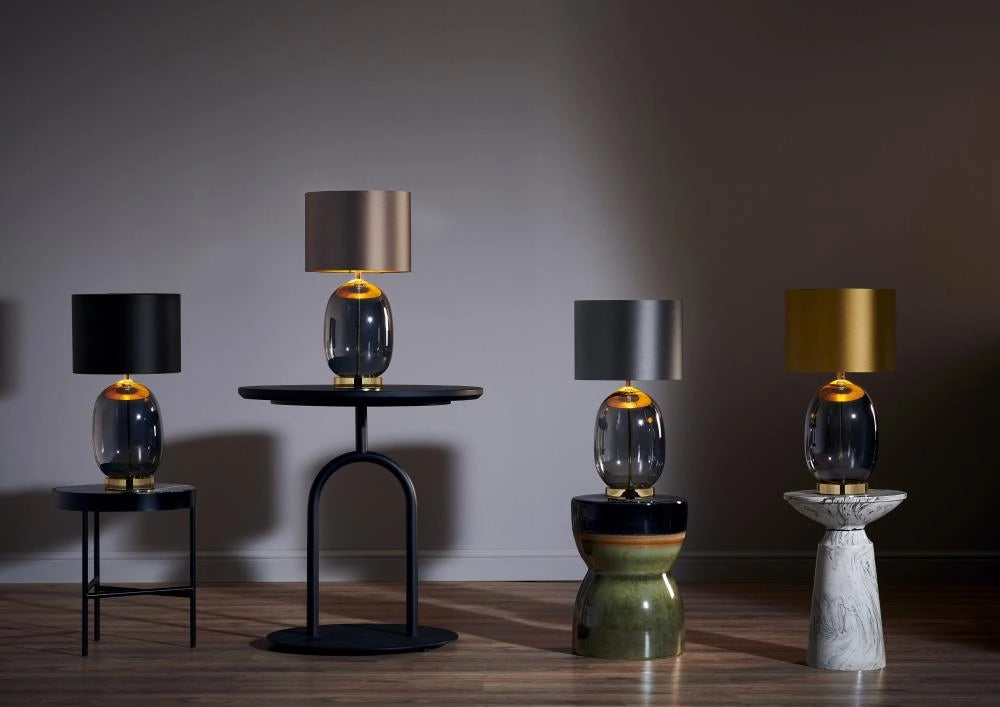 SALVADOR table lamp with smoked glass, brown shade, and gold finish