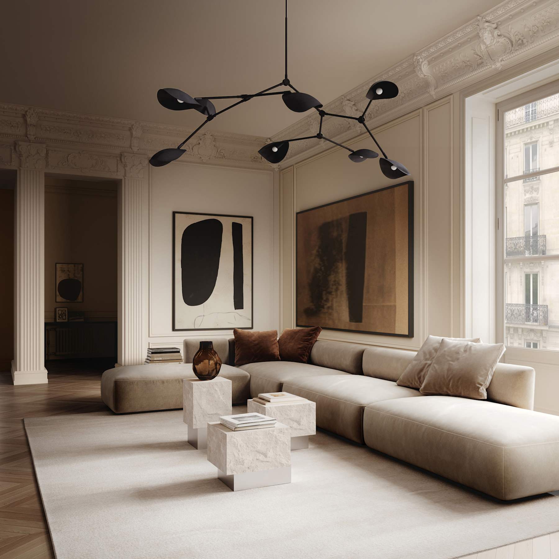 Konferenční stolek TEMPLE z vápence se stříbrným podstavcem