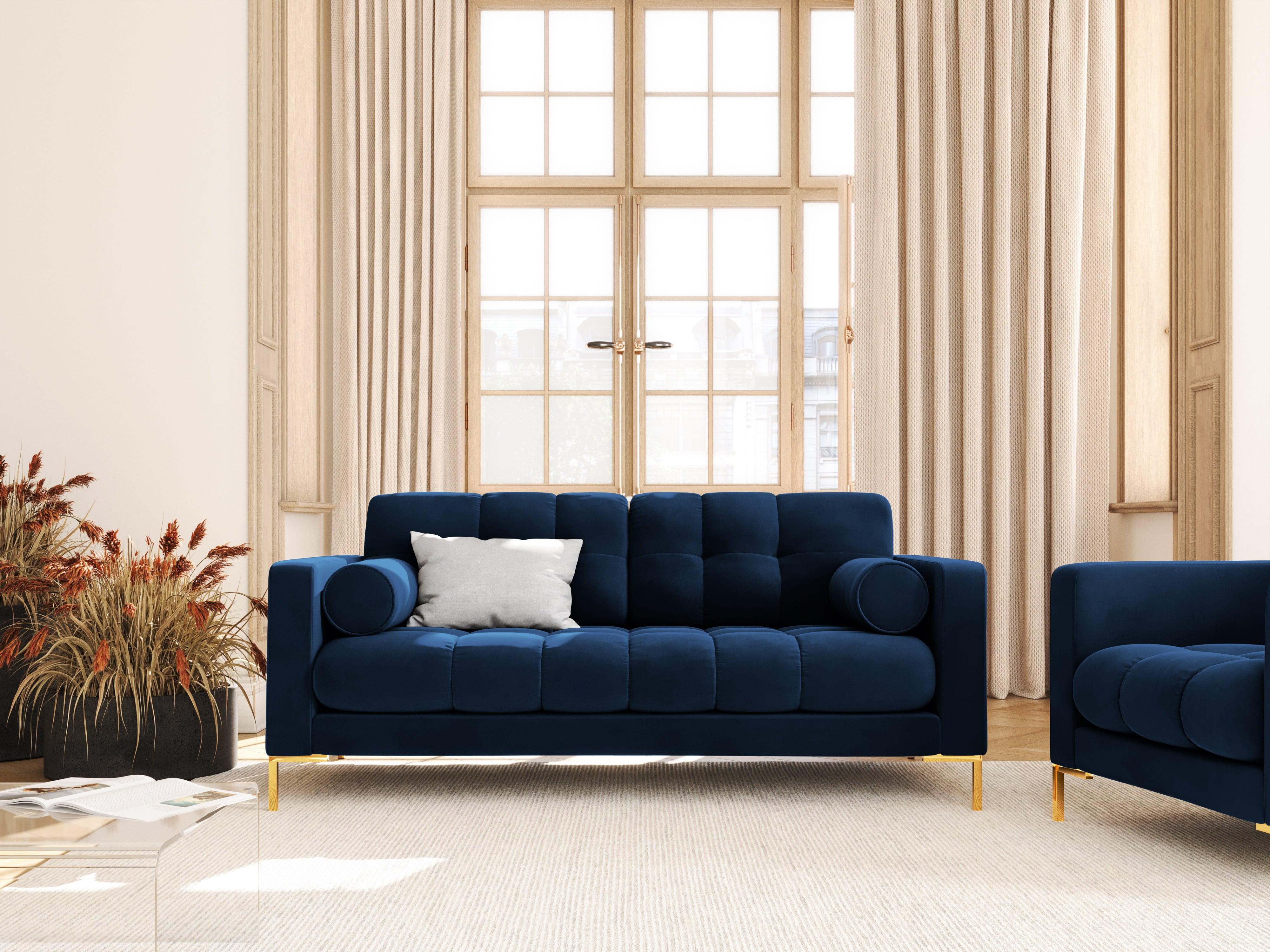 Sofa aksamitna 2-osobowa BALI granat królewski ze złotą podstawą Cosmopolitan Design Eye on Design
