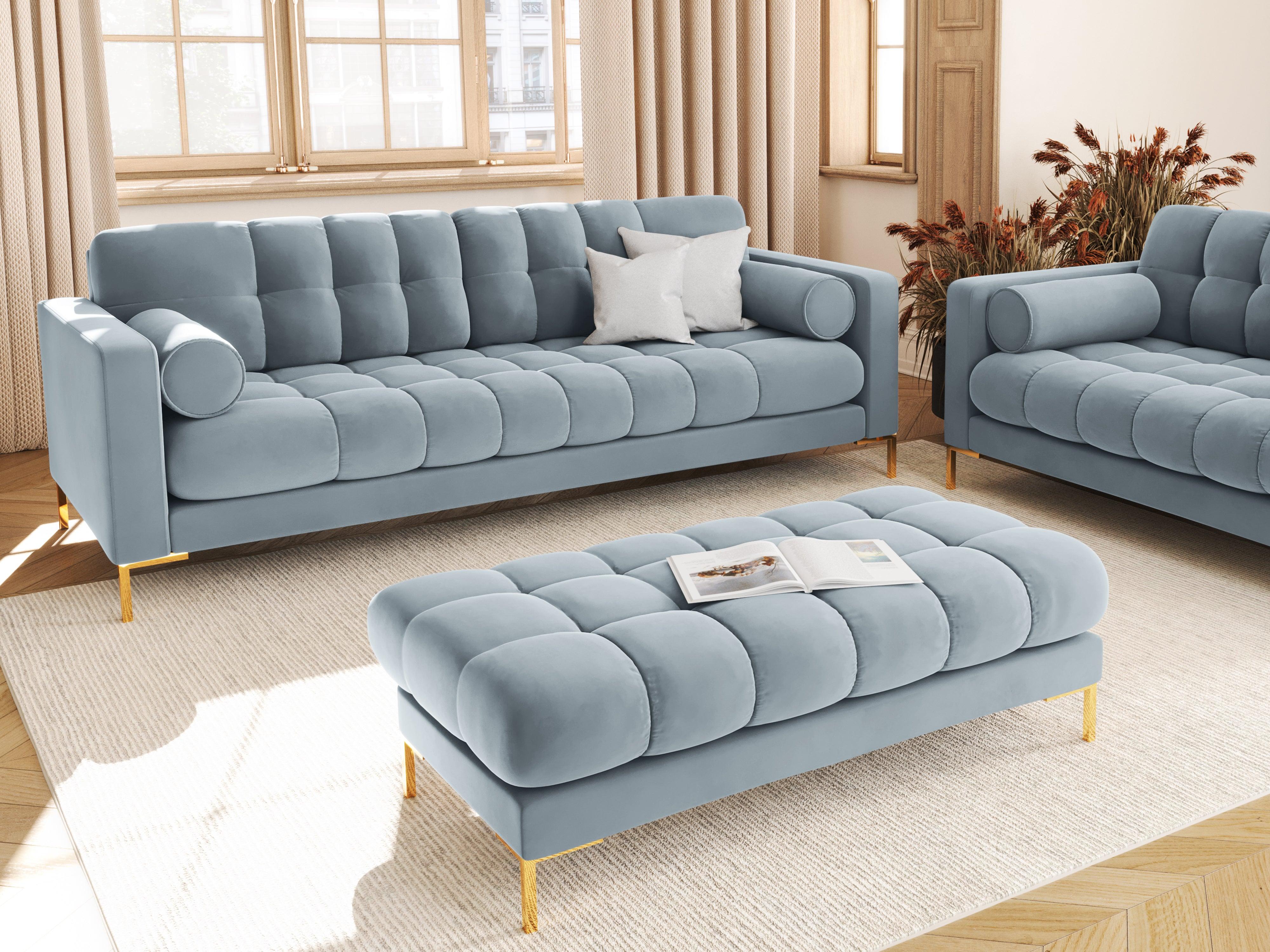 Sofa aksamitna 3-osobowa BALI jasnoniebieski ze złotą podstawą Cosmopolitan Design Eye on Design