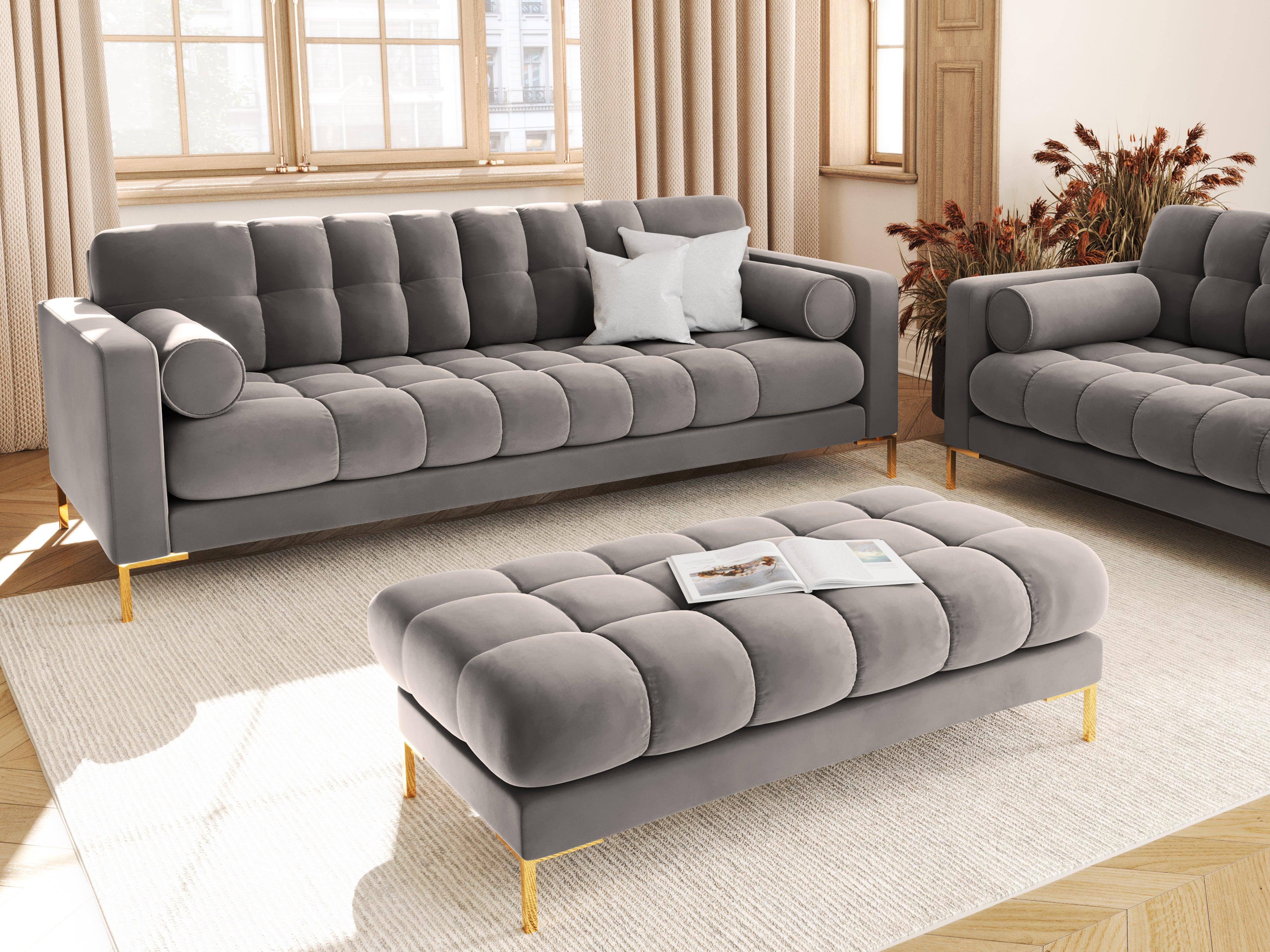 Sofa aksamitna 4-osobowa BALI jasnoszary ze złotą podstawą Cosmopolitan Design Eye on Design