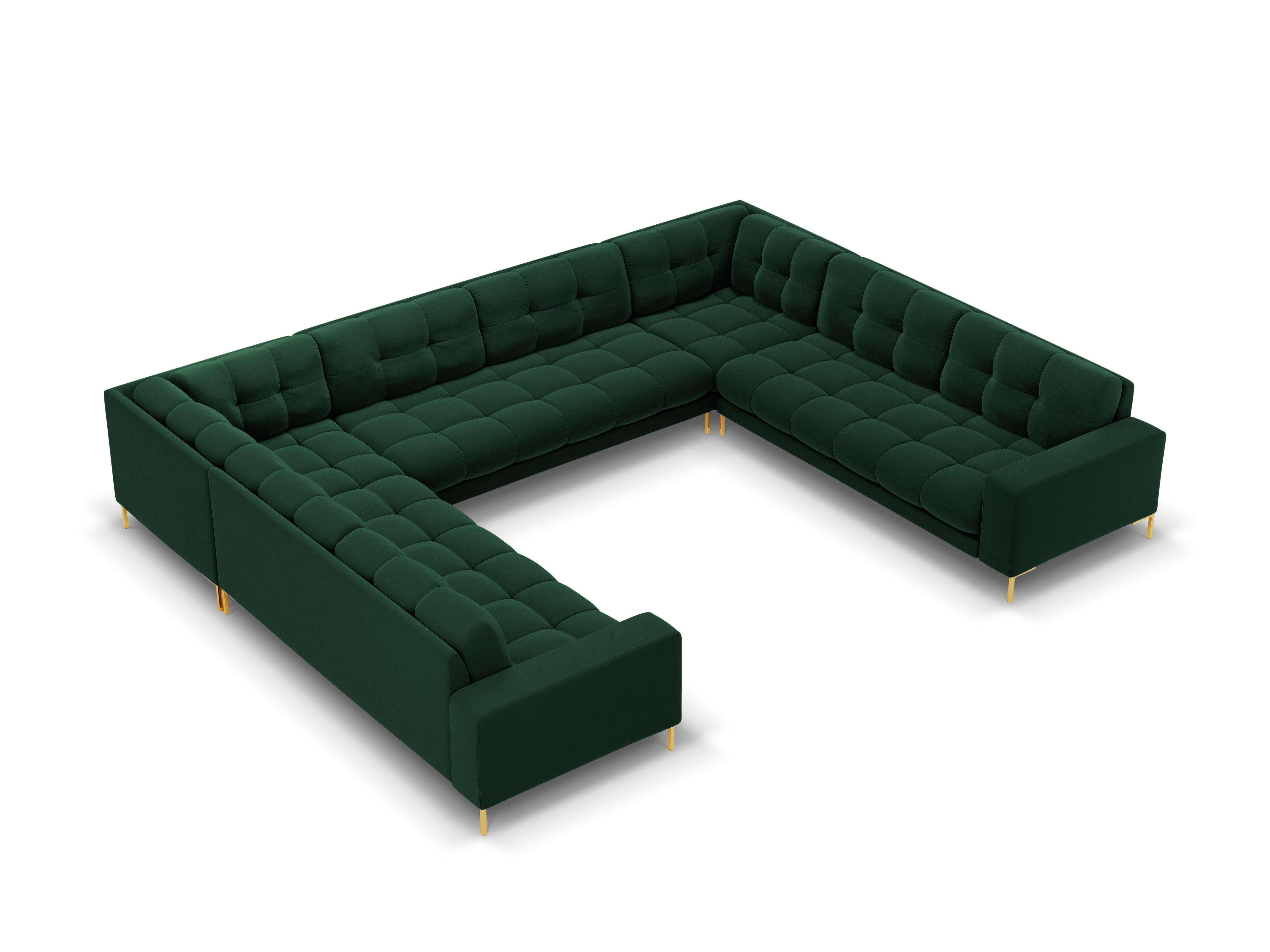 Sofa aksamitna panoramiczna 9-osobowa BALI butelkowa zieleń ze złotą podstawą Cosmopolitan Design Eye on Design