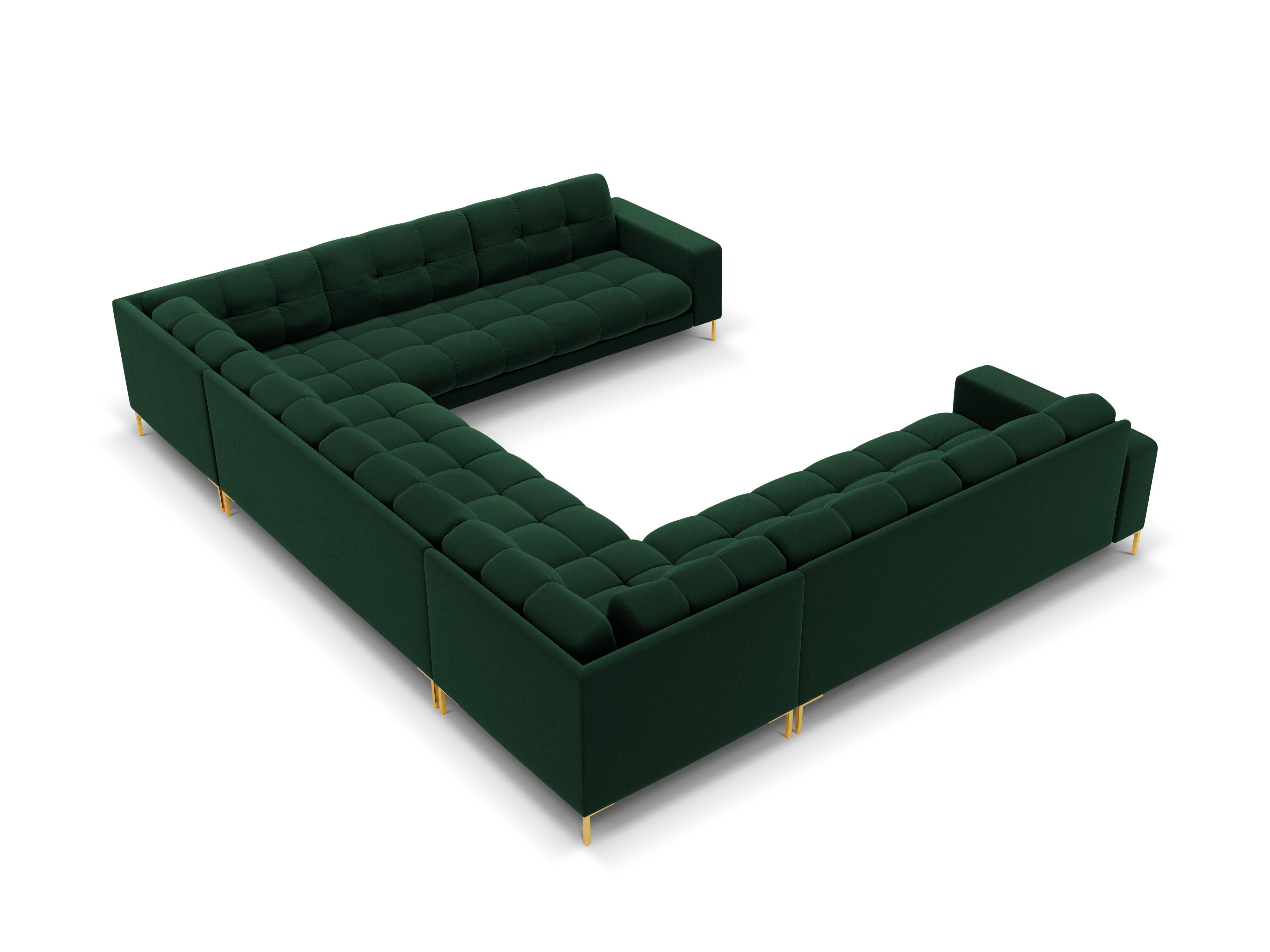 Sofa aksamitna panoramiczna 9-osobowa BALI butelkowa zieleń ze złotą podstawą Cosmopolitan Design Eye on Design