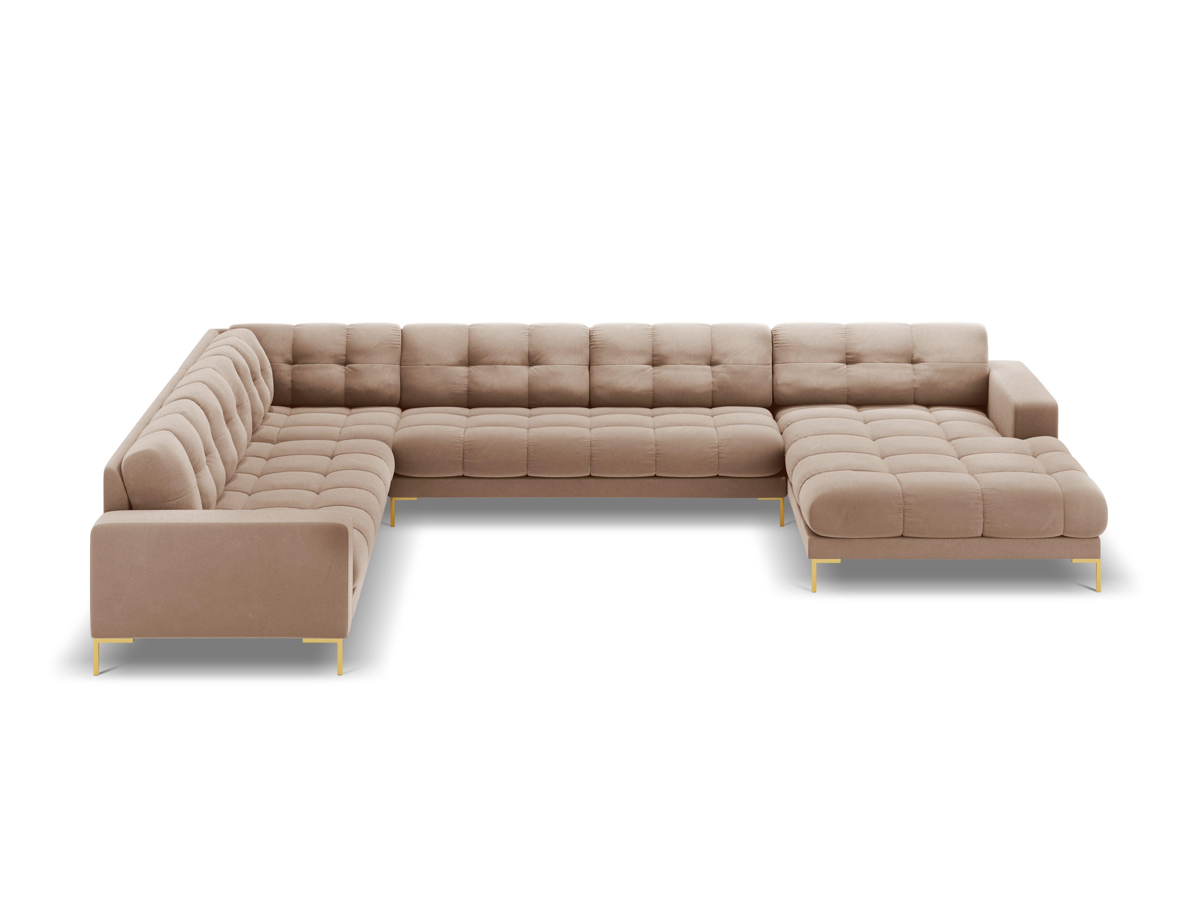 Sofa aksamitna panoramiczna lewostronna 7-osobowa BALI beżowy ze złotą podstawą Cosmopolitan Design Eye on Design