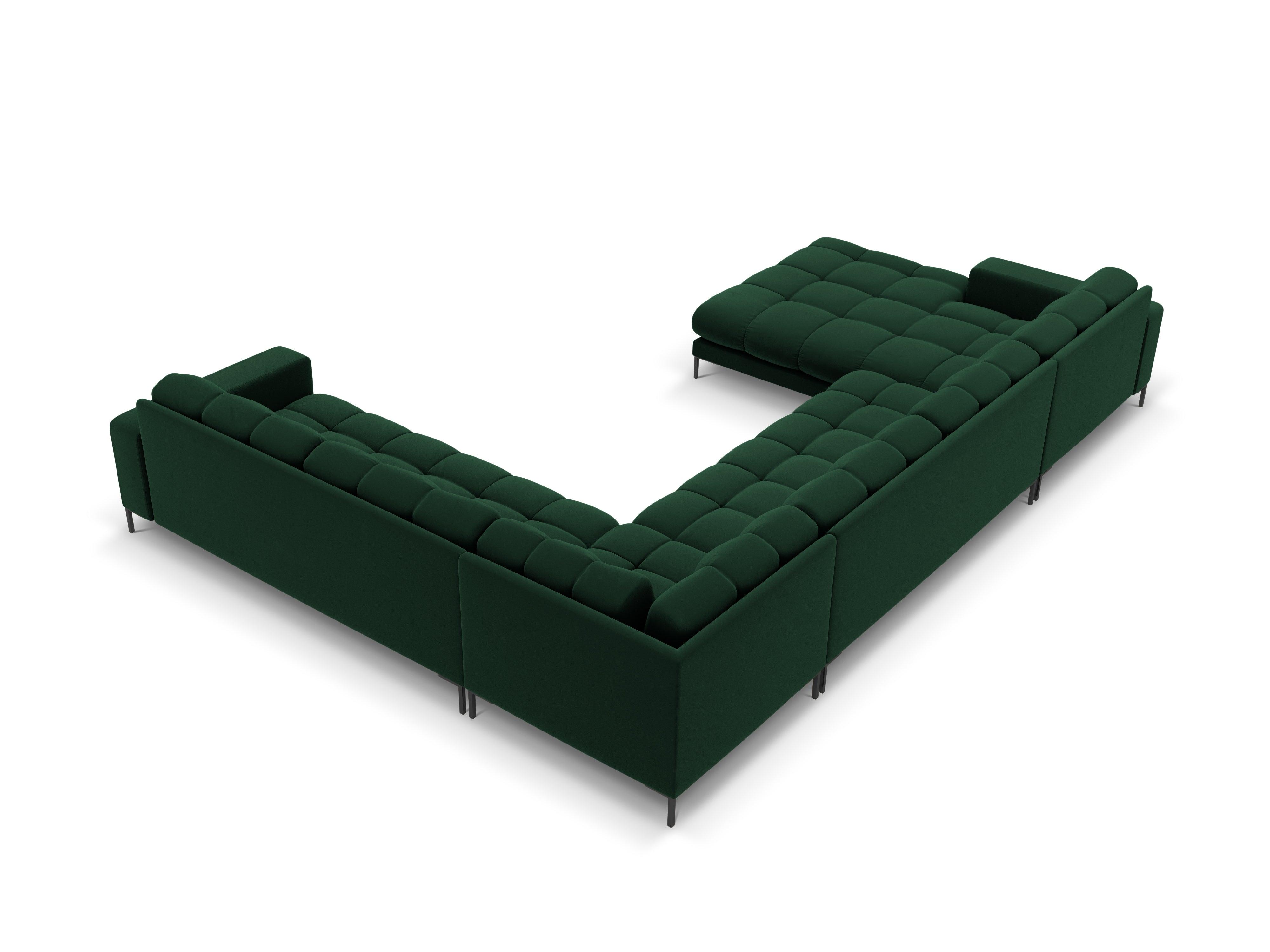 Sofa aksamitna panoramiczna prawostronna 7-osobowa BALI butelkowa zieleń z czarną podstawą Cosmopolitan Design Eye on Design