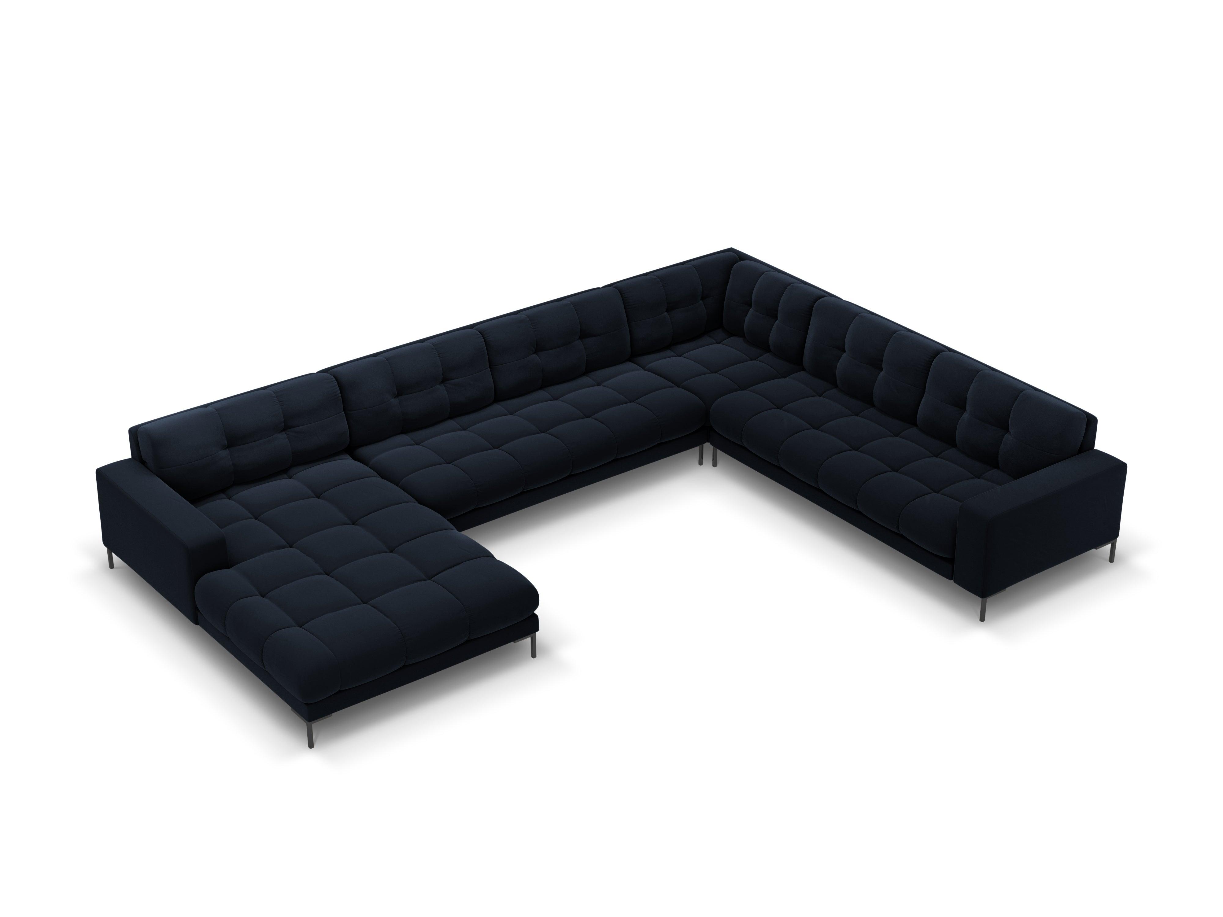 Sofa aksamitna panoramiczna prawostronna 7-osobowa BALI ciemnoniebieski z czarną podstawą Cosmopolitan Design Eye on Design