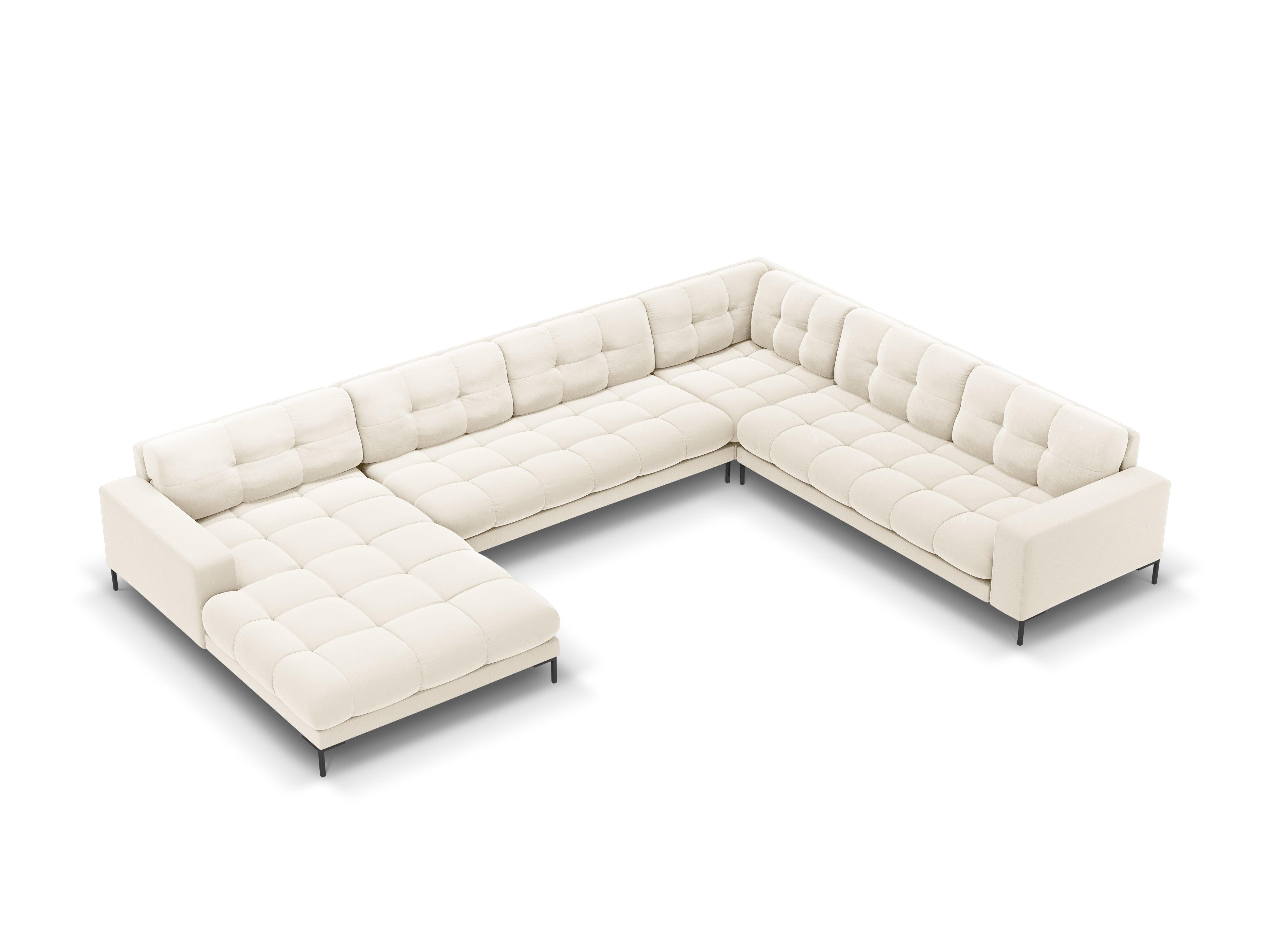 Sofa aksamitna panoramiczna prawostronna 7-osobowa BALI jasnobeżowy z czarną podstawą Cosmopolitan Design Eye on Design