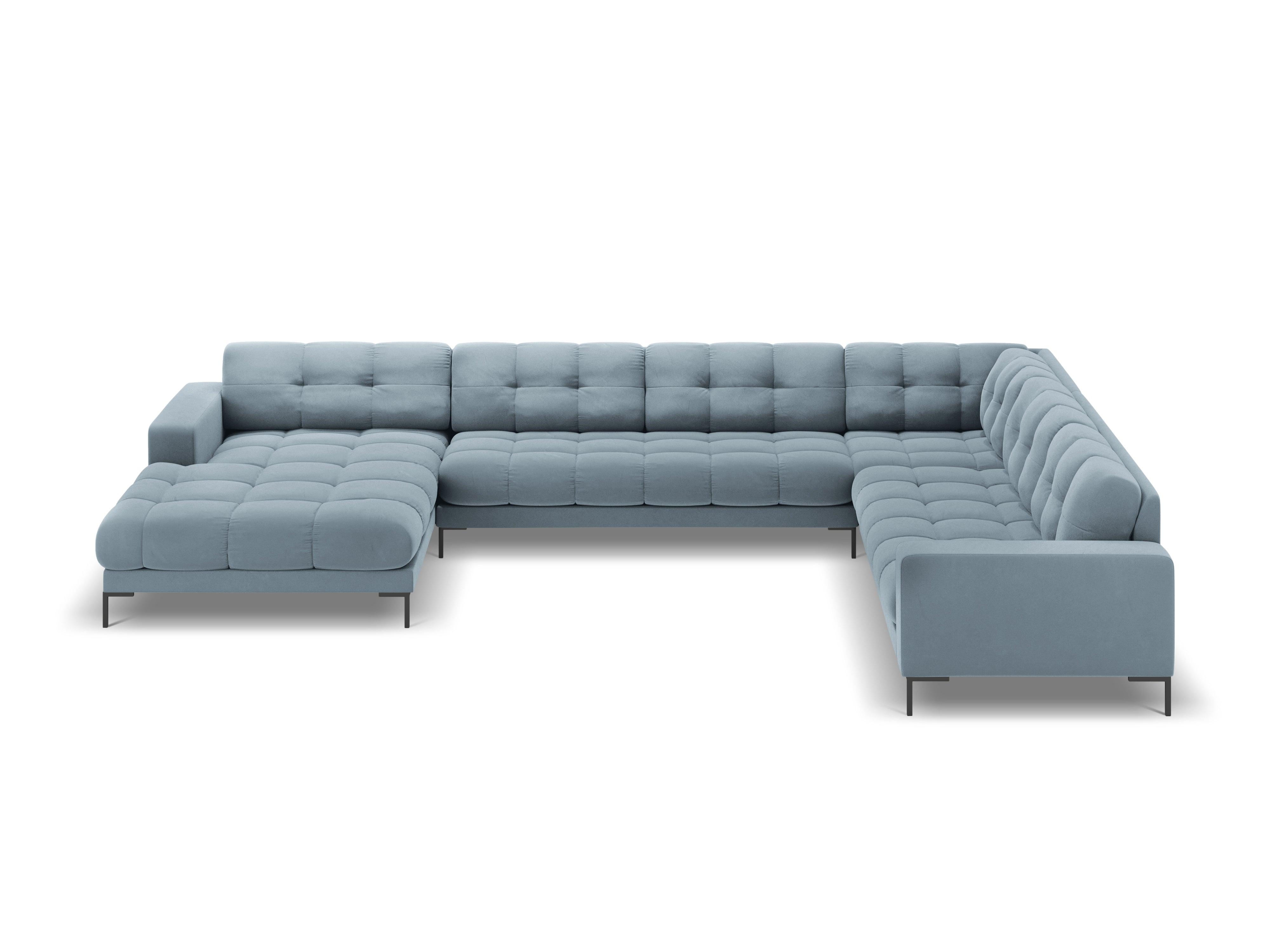 Sofa aksamitna panoramiczna prawostronna 7-osobowa BALI jasnoniebieski z czarną podstawą Cosmopolitan Design Eye on Design