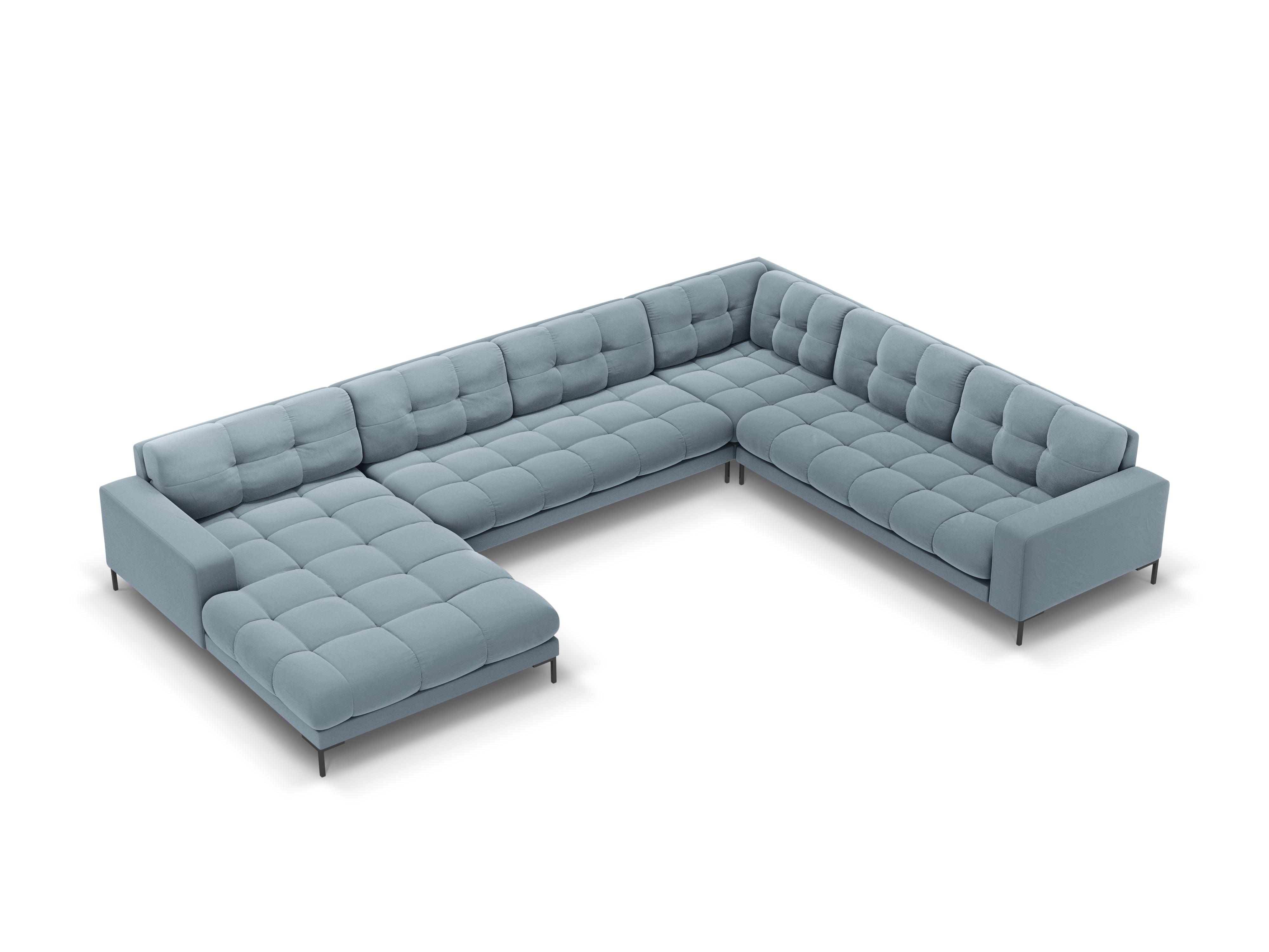 Sofa aksamitna panoramiczna prawostronna 7-osobowa BALI jasnoniebieski z czarną podstawą Cosmopolitan Design Eye on Design