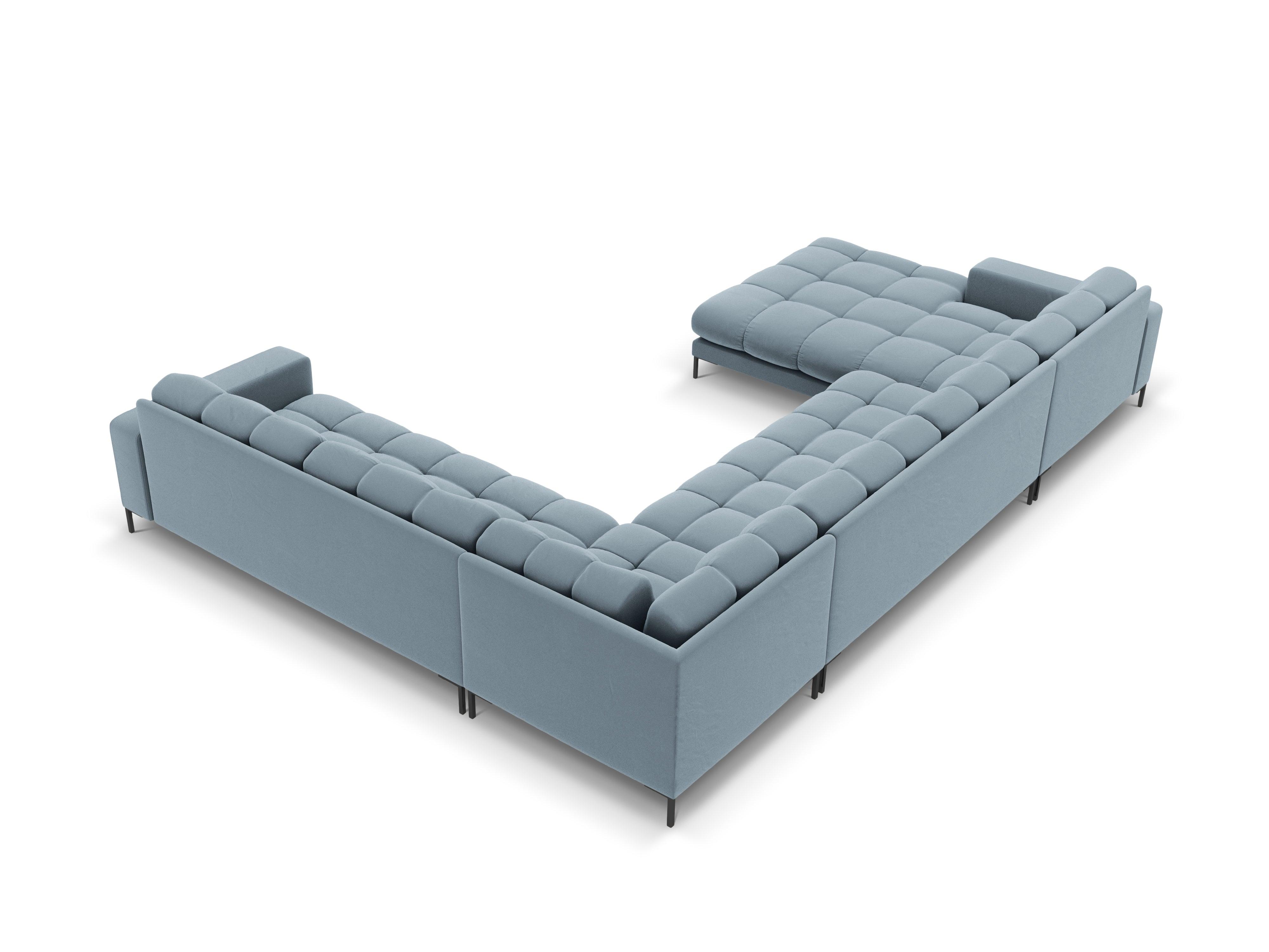 Sofa aksamitna panoramiczna prawostronna 7-osobowa BALI jasnoniebieski z czarną podstawą Cosmopolitan Design Eye on Design