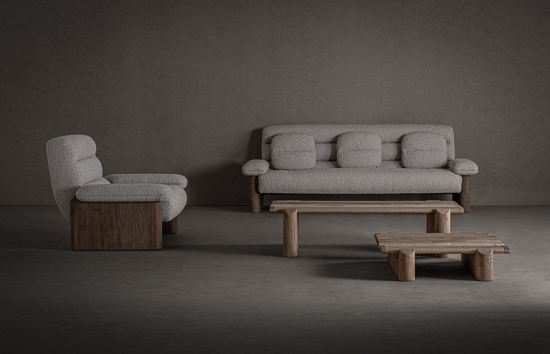 Jacquard Beige Sofa with Cushions and Wooden Base