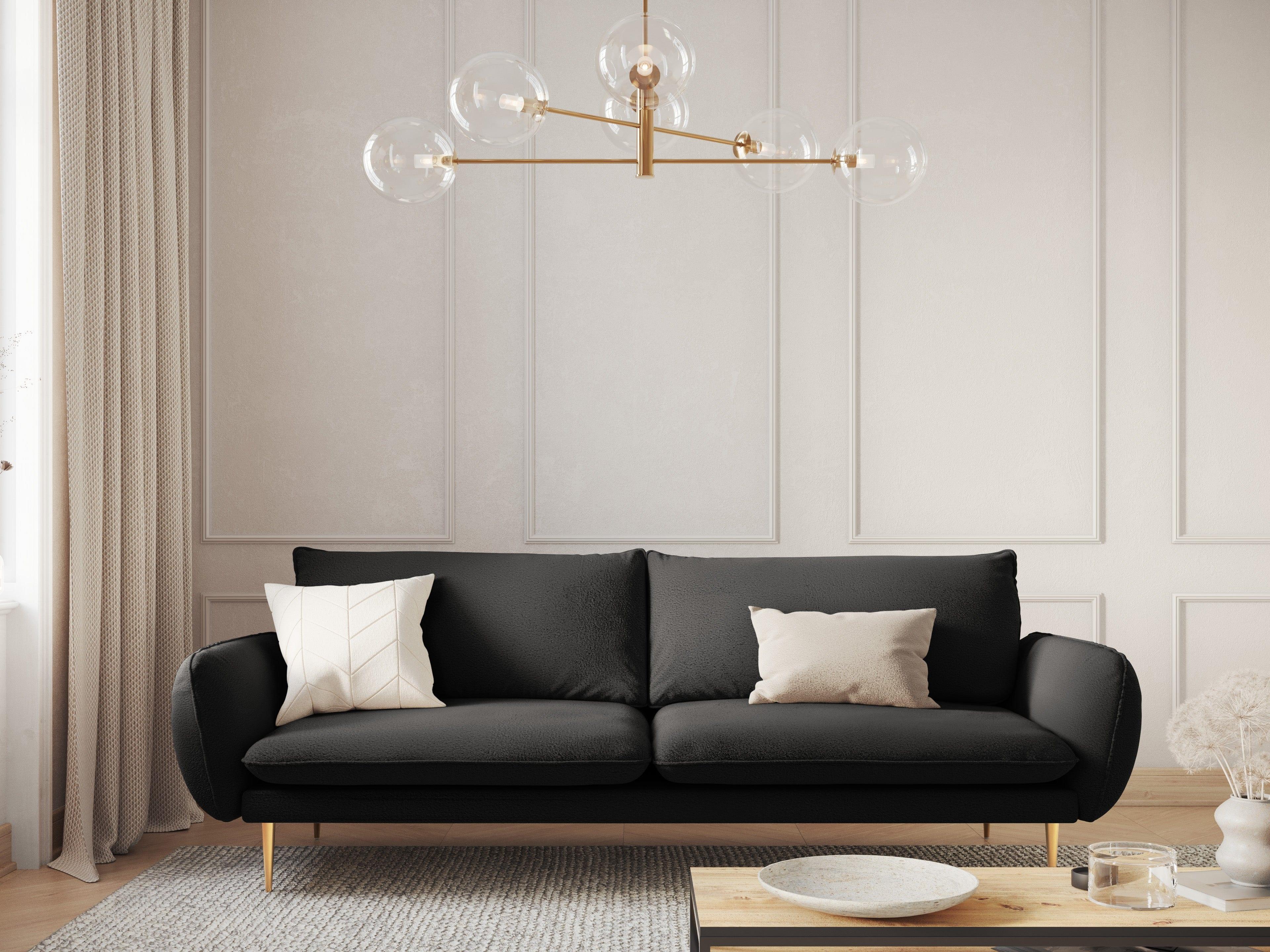 Sofa 4-osobowa VIENNA czarny boucle ze złotą podstawą – Cosmopolitan Design