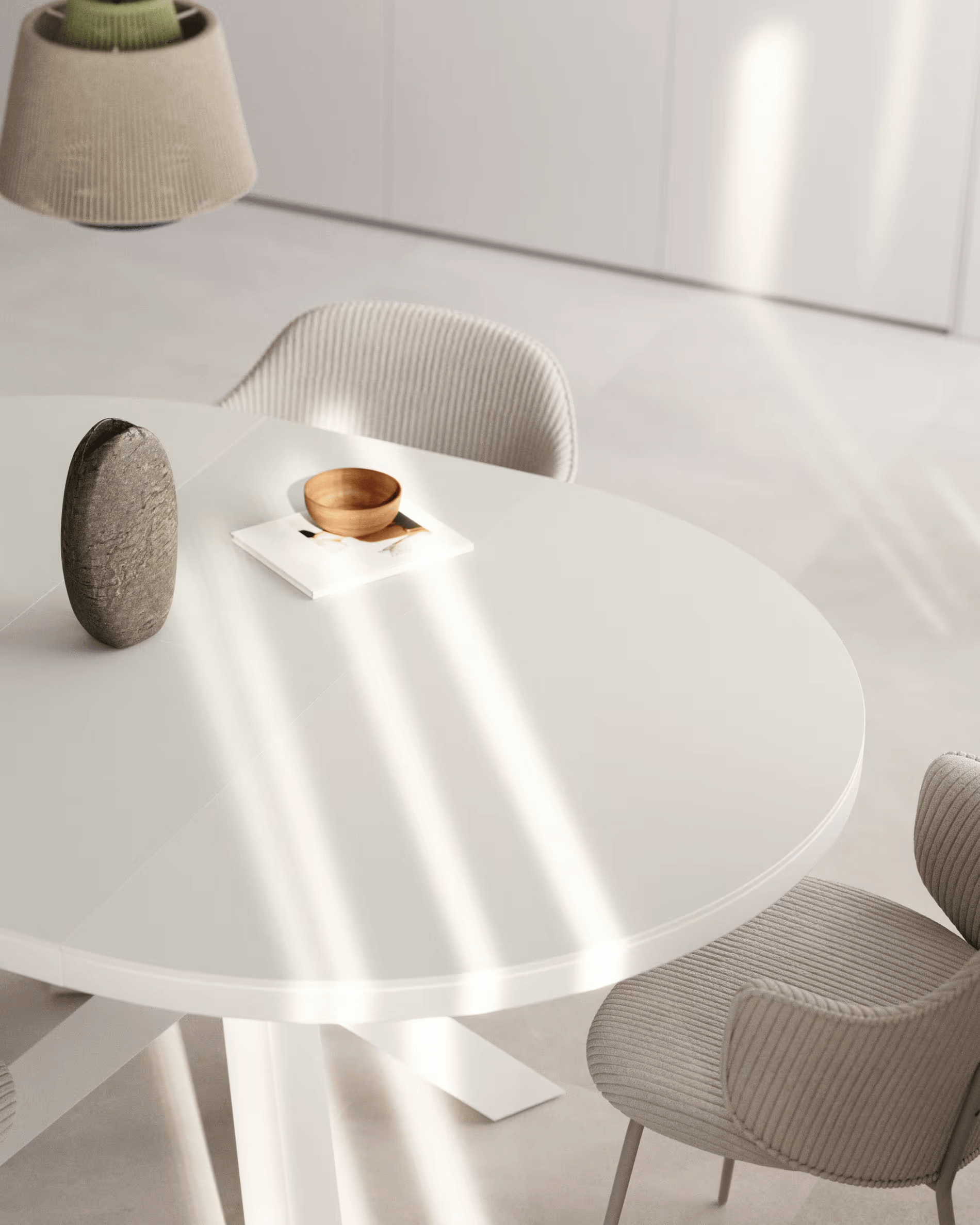 Stół rozkładany okrągły VASHTI szklany blat z białą podstawą La Forma Eye on Design