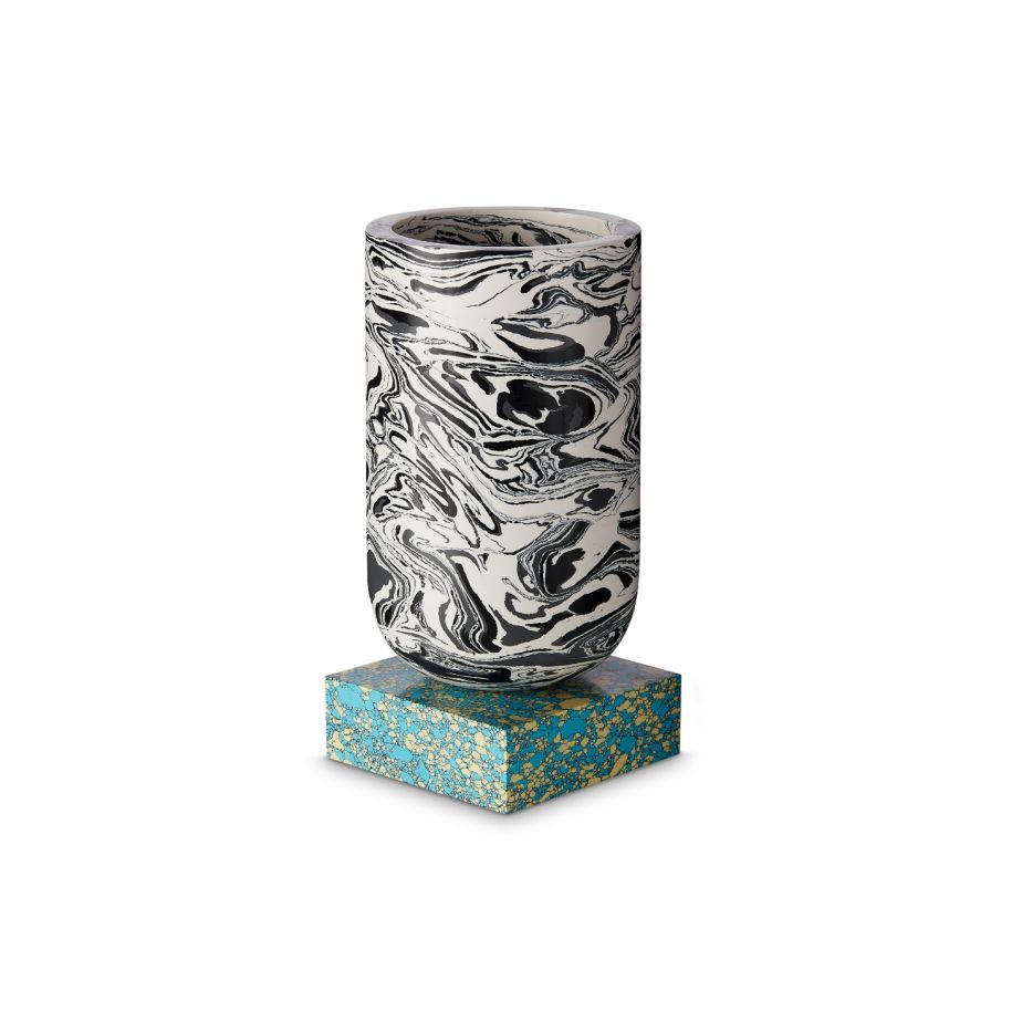 Swirl vase black and white marble with a turquoise base