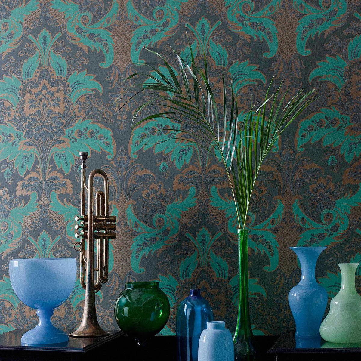 Metallic wallpaper with ornaments ALBEMARLE - Aldwych glittering silver