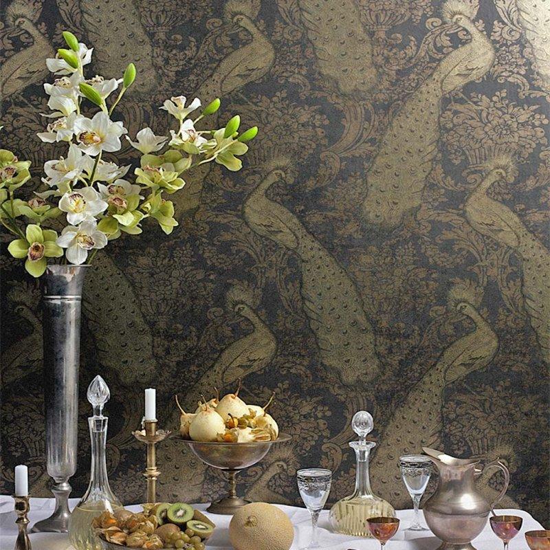 Metallic wallpaper with animal motif in peacock ALBEMARLE - Byron gold