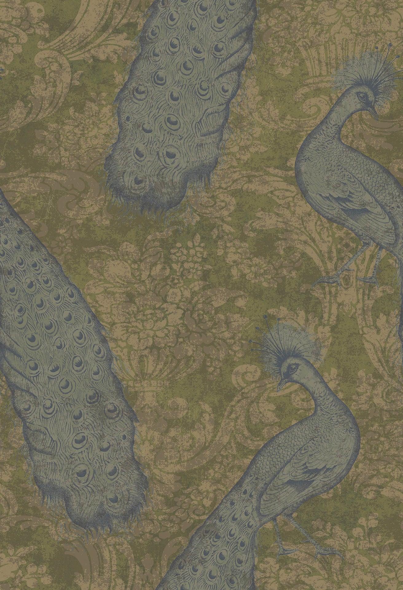 Metalická tapeta se zvířecím motivem páv ALBEMARLE - Byron tyrkysová a zlato