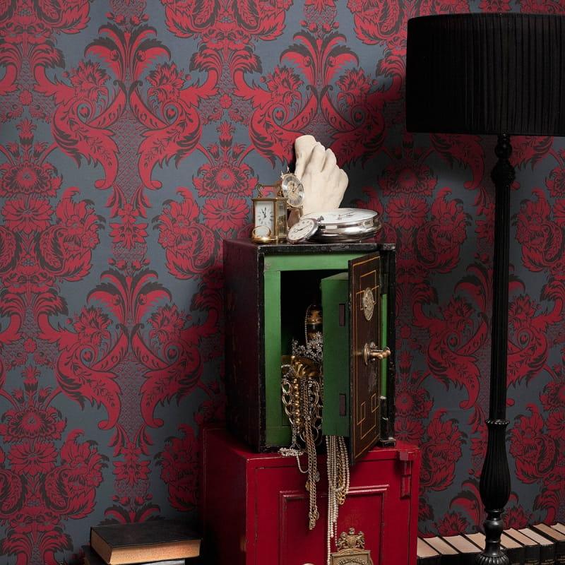 Metallic wallpaper with floral ornaments ALBEMARLE - Wyndham gold on blue
