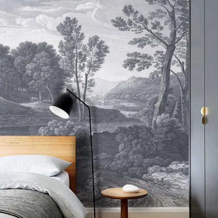 Tapeta flizelinowa z krajobrazem ANCIENT RIVERSIDE GROVE zgaszony niebieski – Wallcolors
