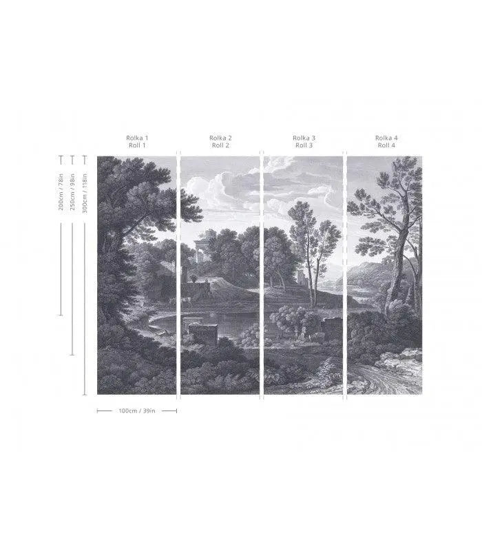 Tapeta flizelinowa z krajobrazem ANCIENT RIVERSIDE GROVE zgaszony niebieski na ścianę