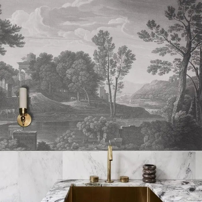 Tapeta flizelinowa z krajobrazem ANCIENT RIVERSIDE GROVE szary na ścianę – Wallcolors
